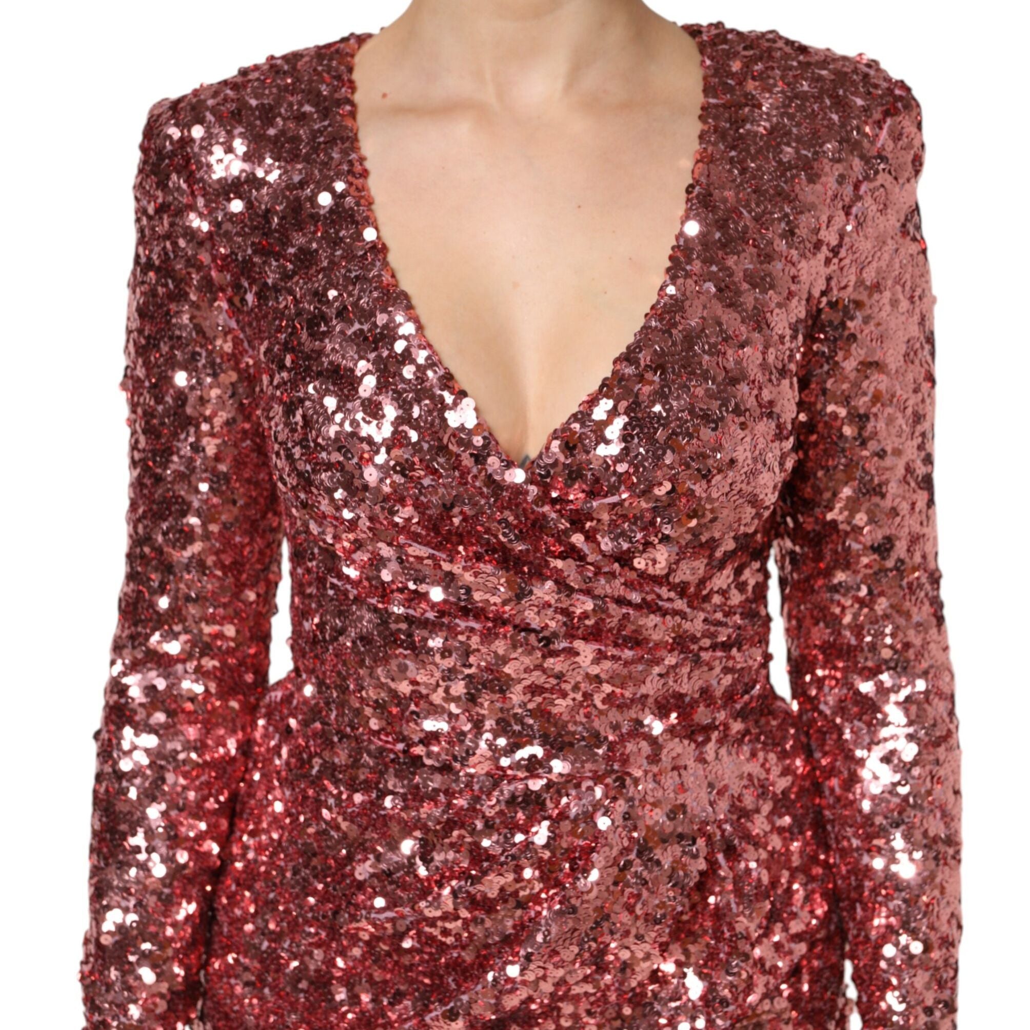 Dolce & Gabbana Pink Sequin Statement Nylon Midi V-Neck Dress