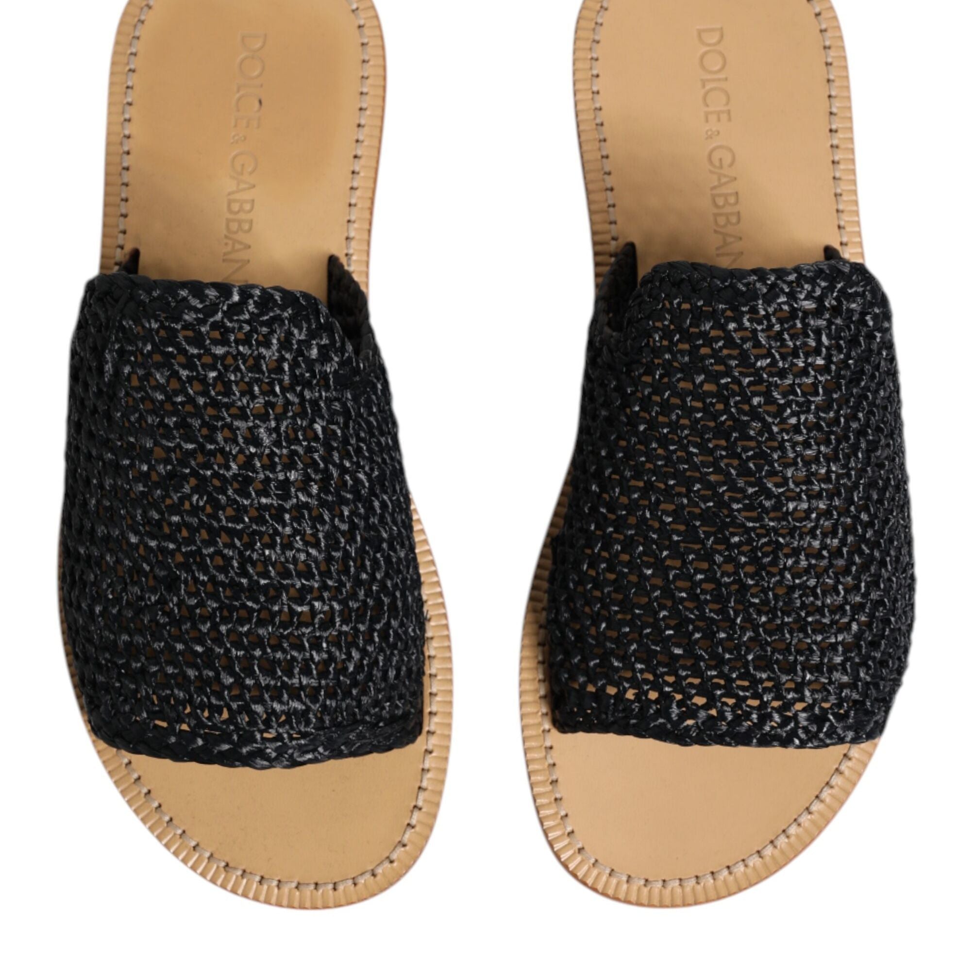 Dolce & Gabbana Black Monochrome Braided Raffia Slides Shoes