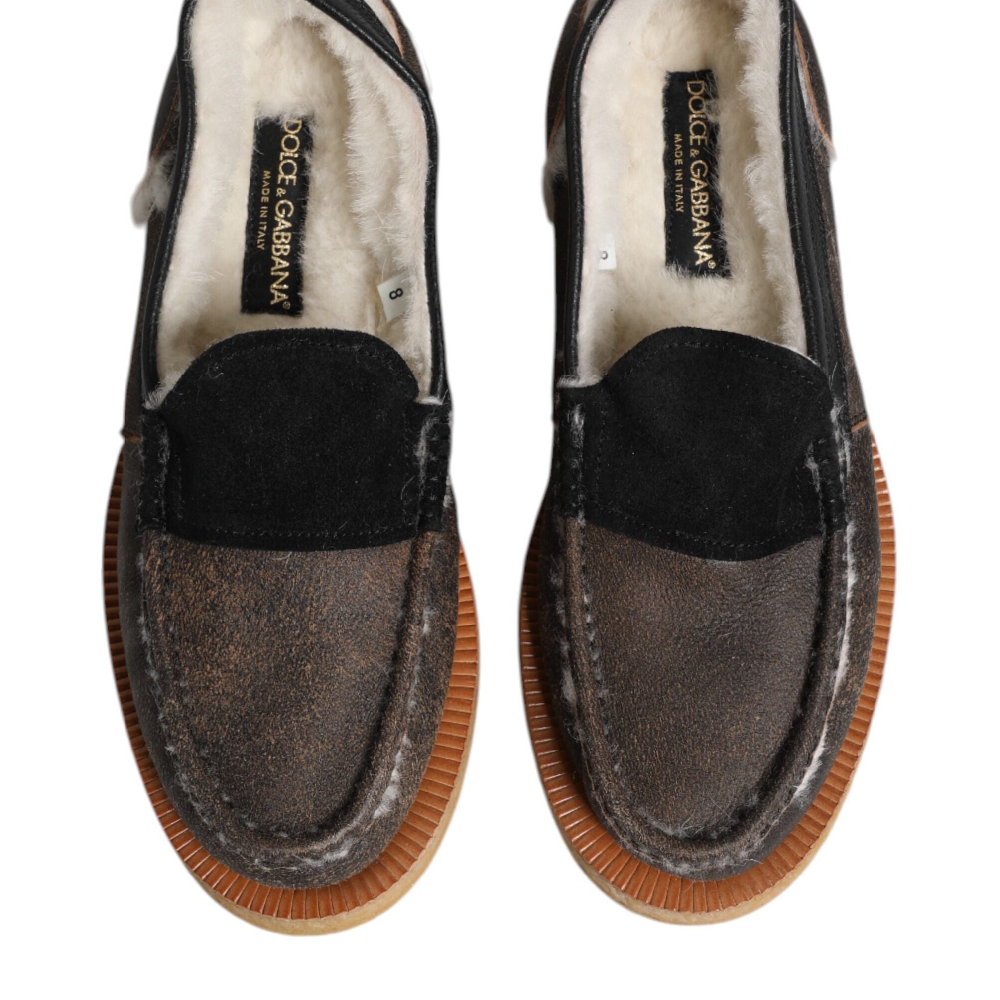 Dolce & Gabbana Brown White Calfskin Leather Loafers Shoes