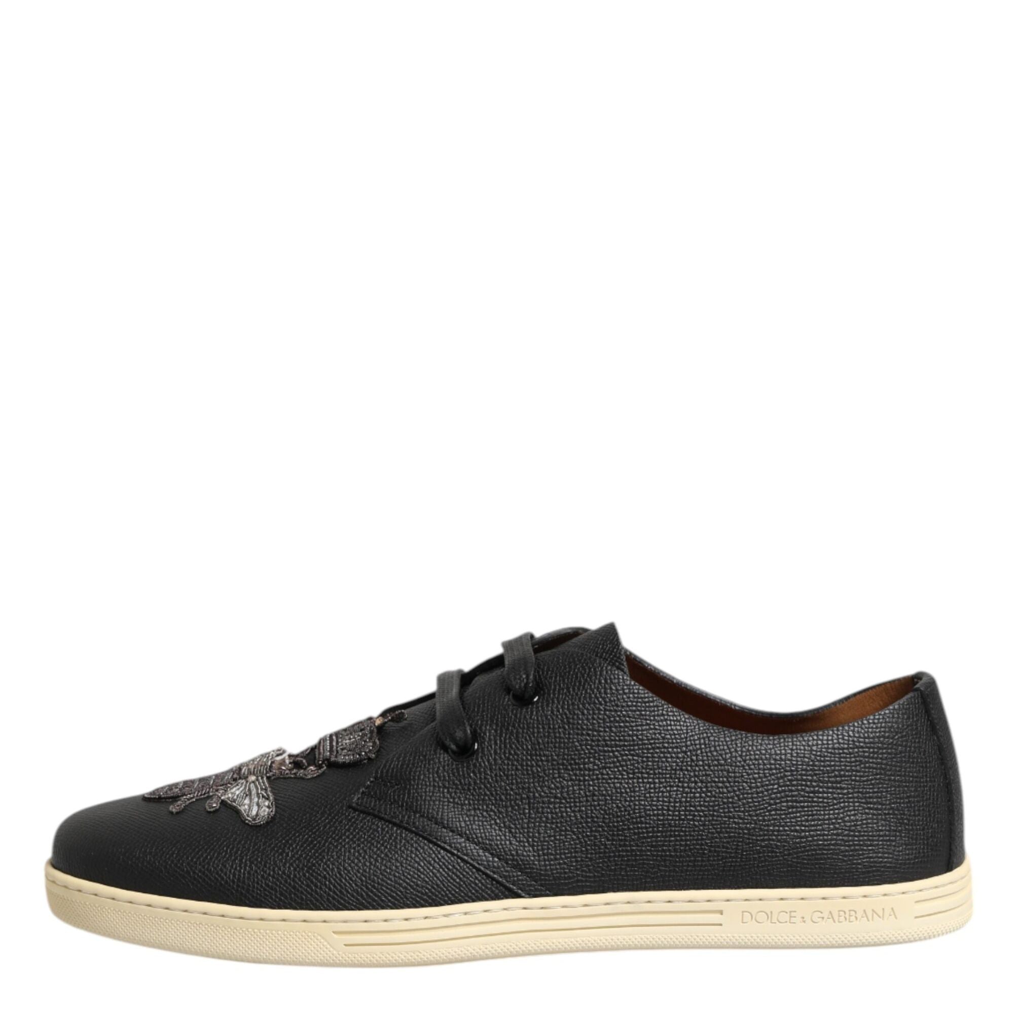 Dolce & Gabbana Black Leather Bee Crown Low Top Sneakers Shoes