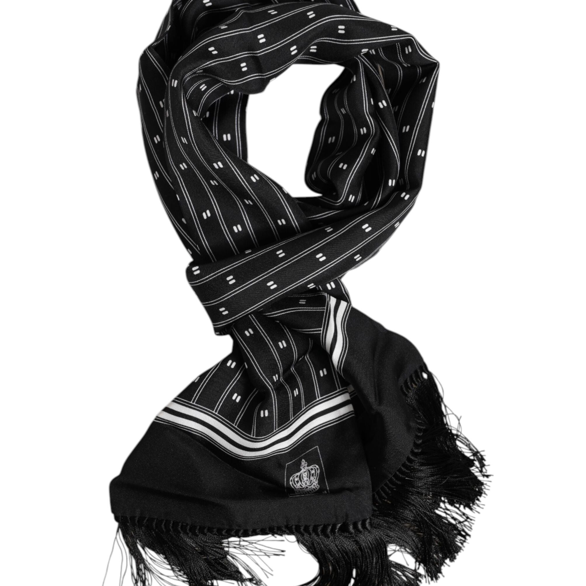 Dolce & Gabbana Black Silk Printed Fringes Men Foulard Scarf