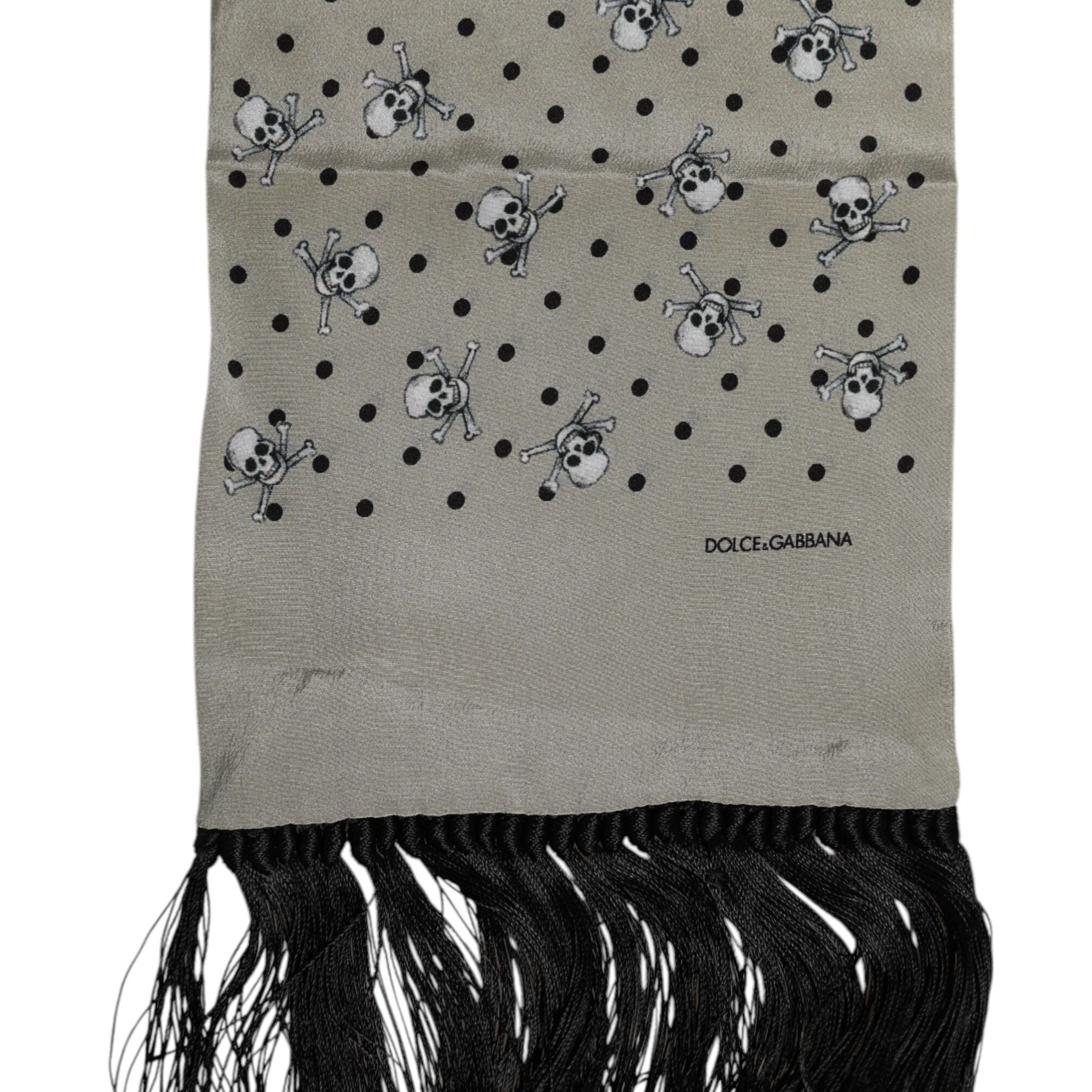 Dolce & Gabbana Gray Skulls Silk Fringes Men Foulard Scarf