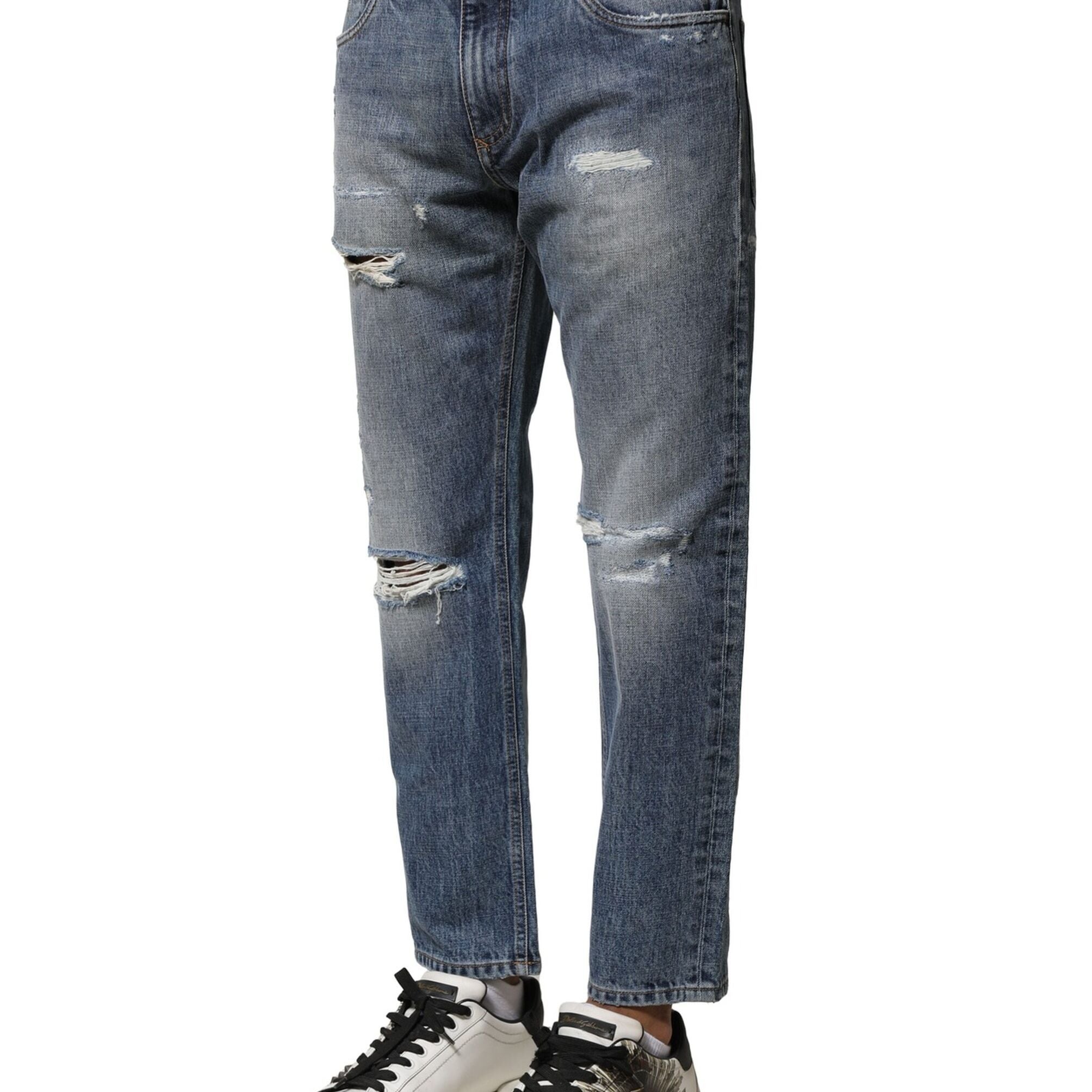 Dolce & Gabbana Blue Washed Tattered Straight Fit Denim Jeans