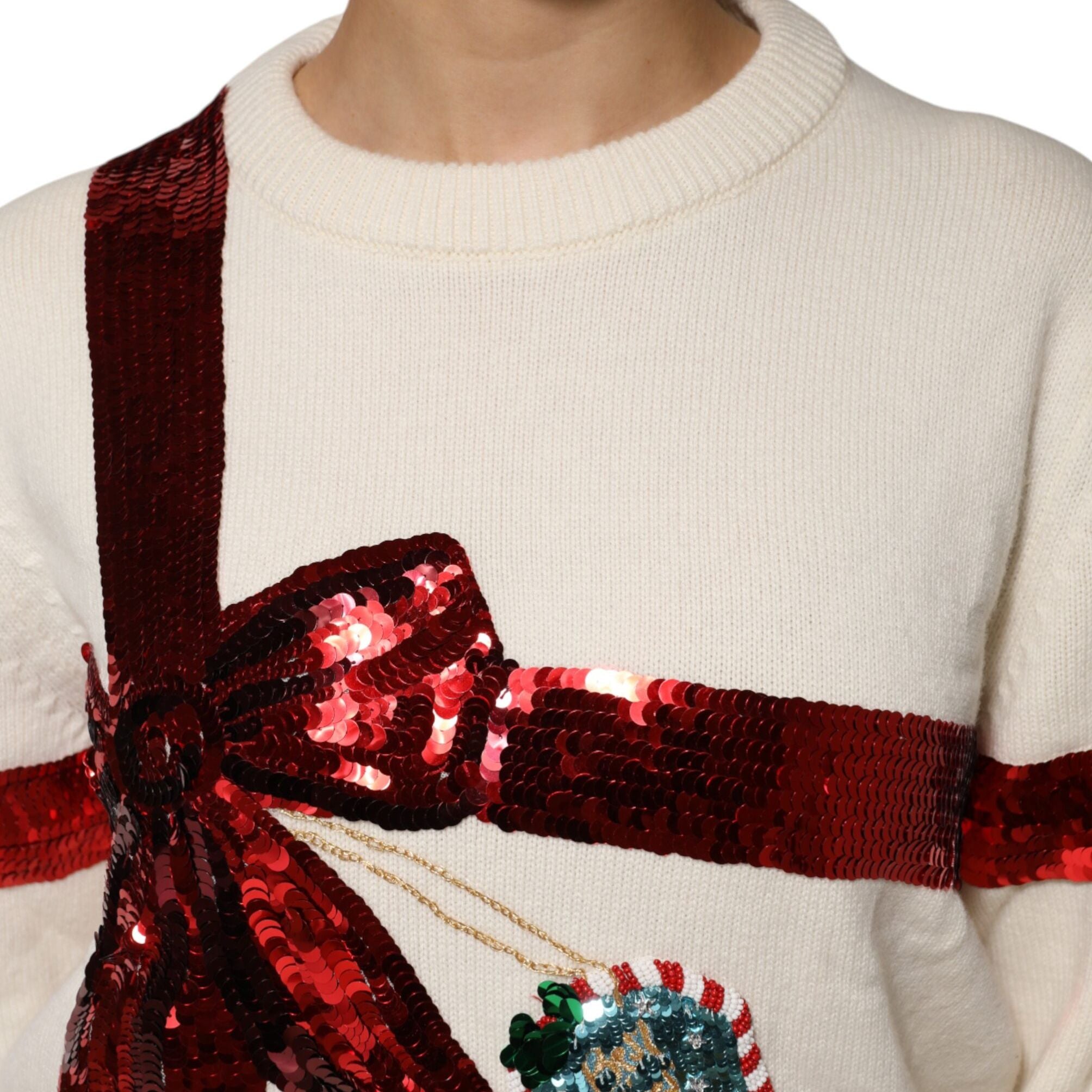 Dolce & Gabbana White Sequined Crew Neck Pullover Sweater