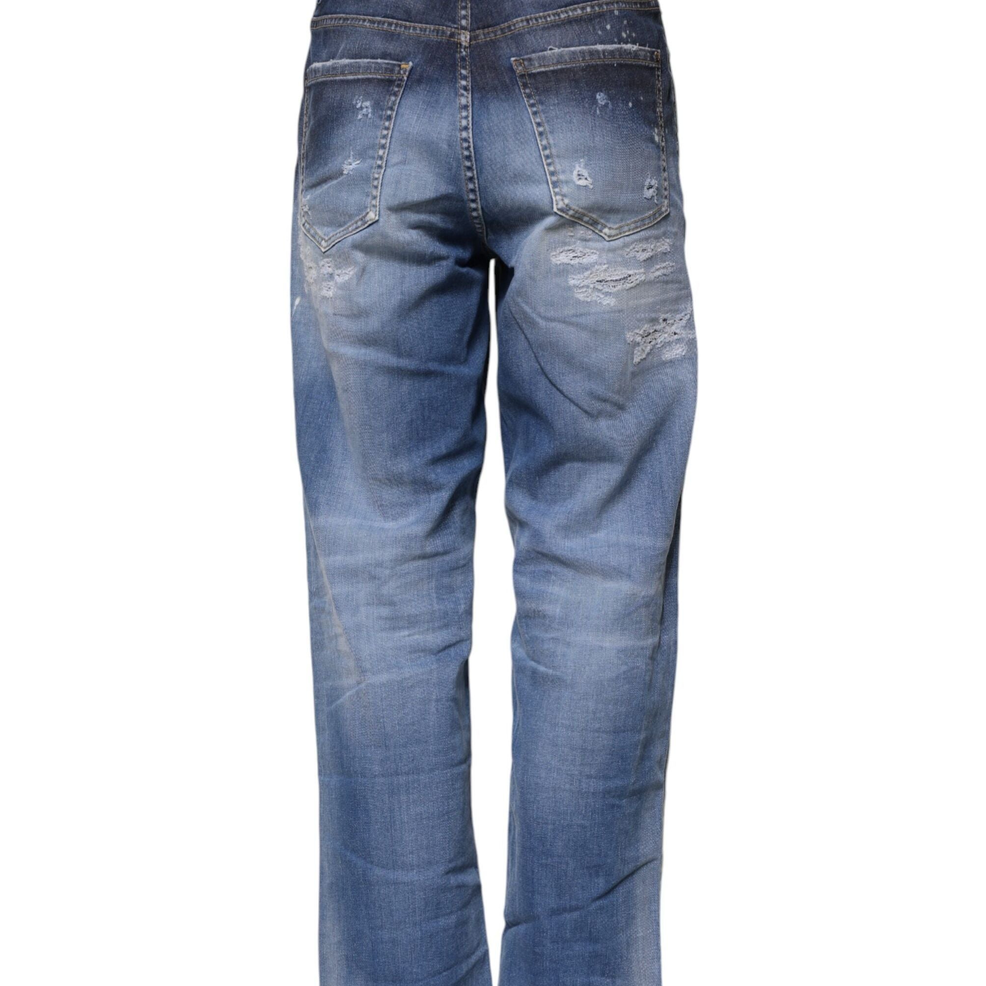 Dsquared² Blue Tattered Cotton Mid Waist Straight Denim Jeans