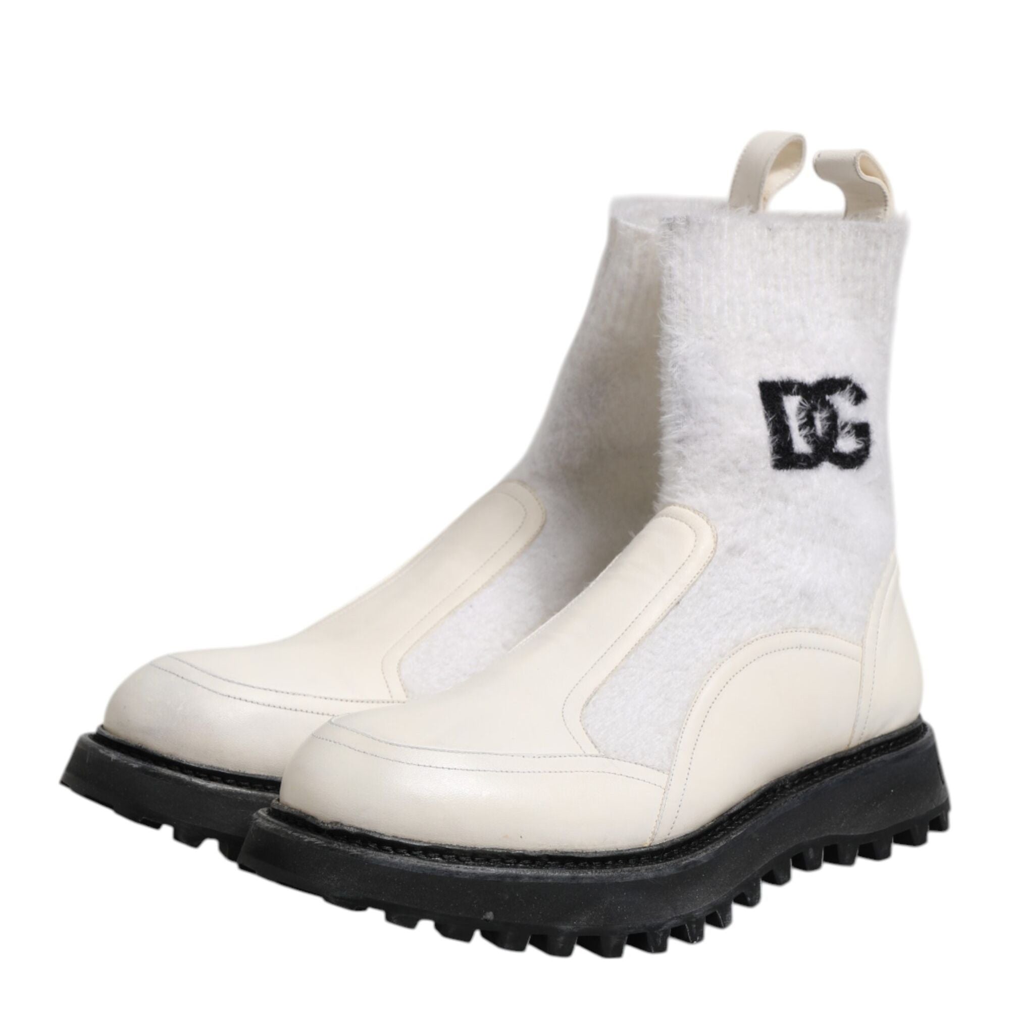 Dolce & Gabbana White Beige DG Logo Mid Calf Boots Shoes
