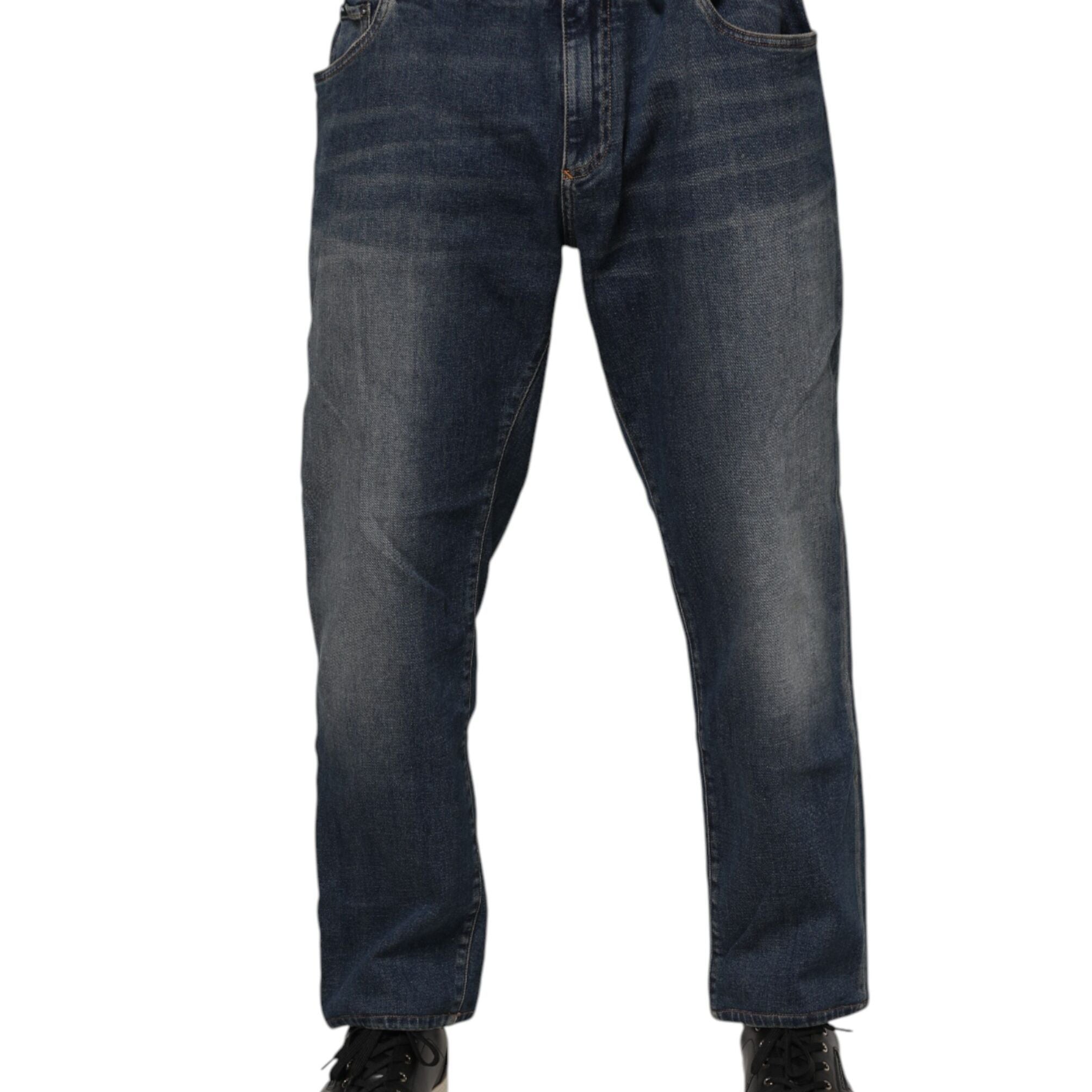 Dolce & Gabbana Blue Cotton Logo Plaque Slim Denim Jeans