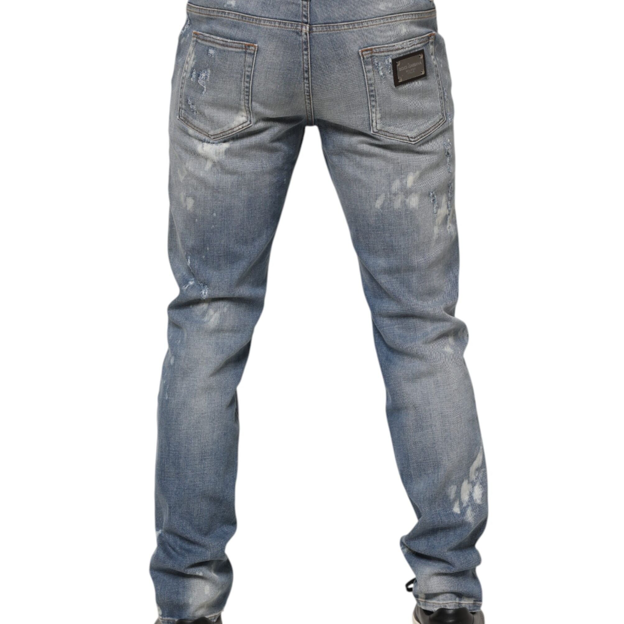 Dolce & Gabbana Blue Cotton Tattered Slim Fit Men Denim Jeans