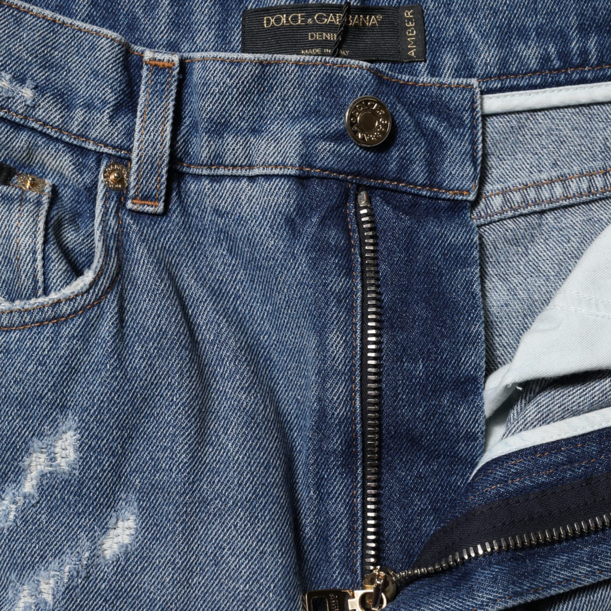 Dolce & Gabbana Blue Cotton Tattered High Waist Denim Jeans