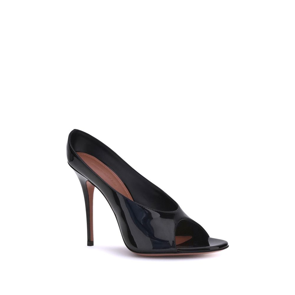 Amina Muaddi Black Calf Leather Bos Taurus Stiletto Heel Sandals