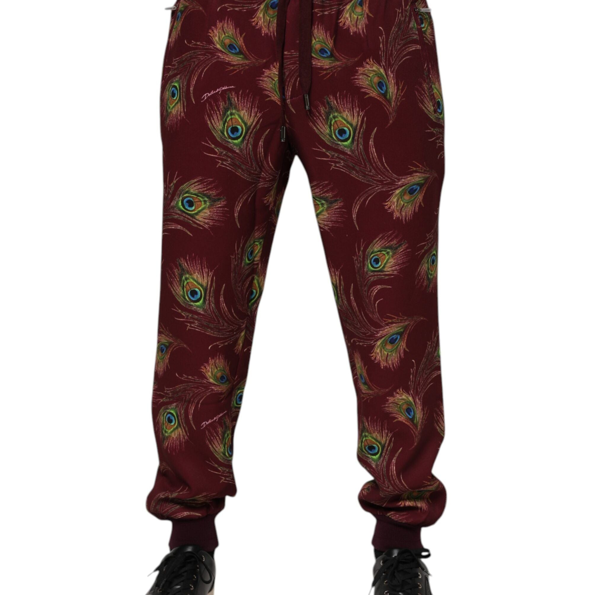 Dolce & Gabbana Burgundy Peacock Feather Print Jogger Pants