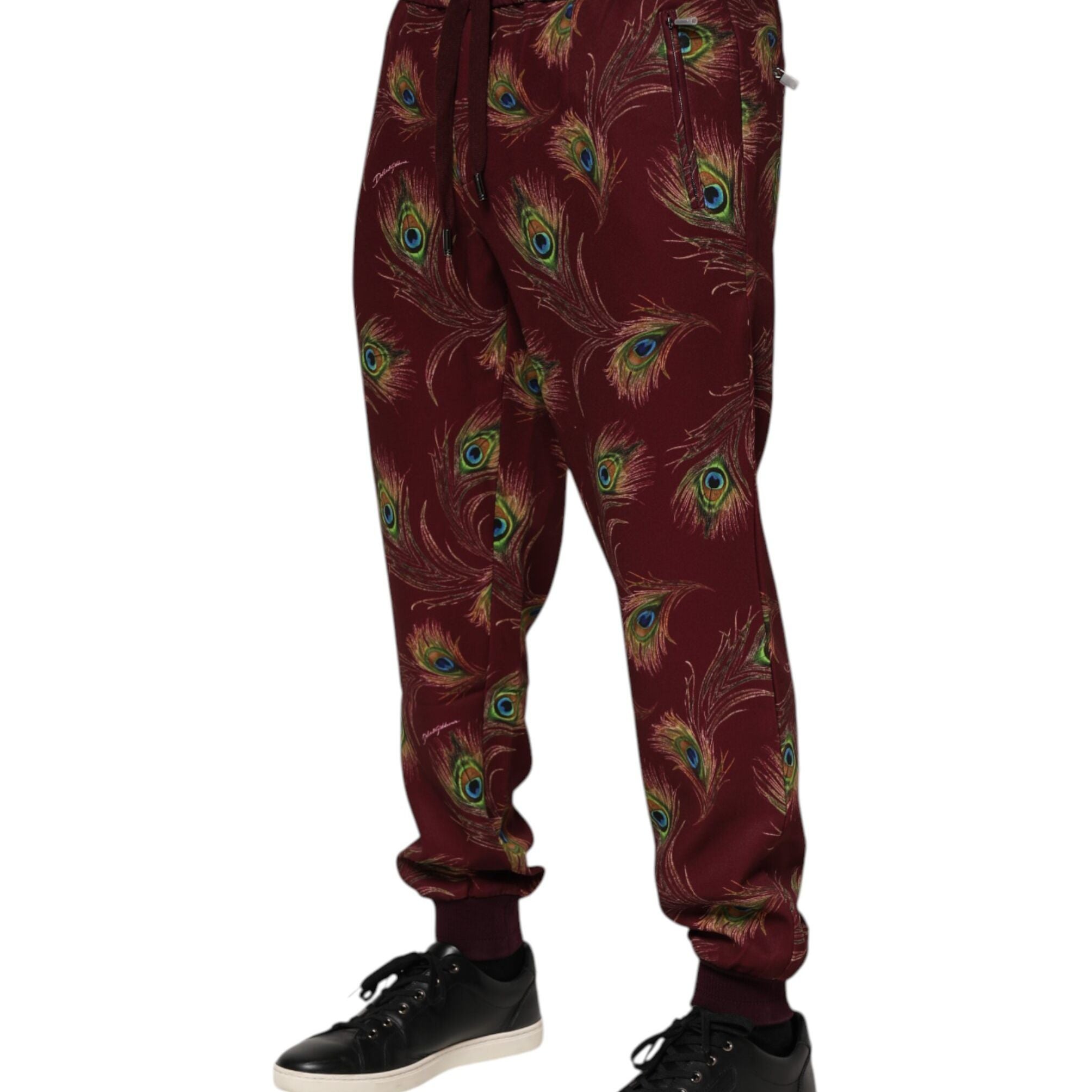 Dolce & Gabbana Burgundy Peacock Feather Print Jogger Pants