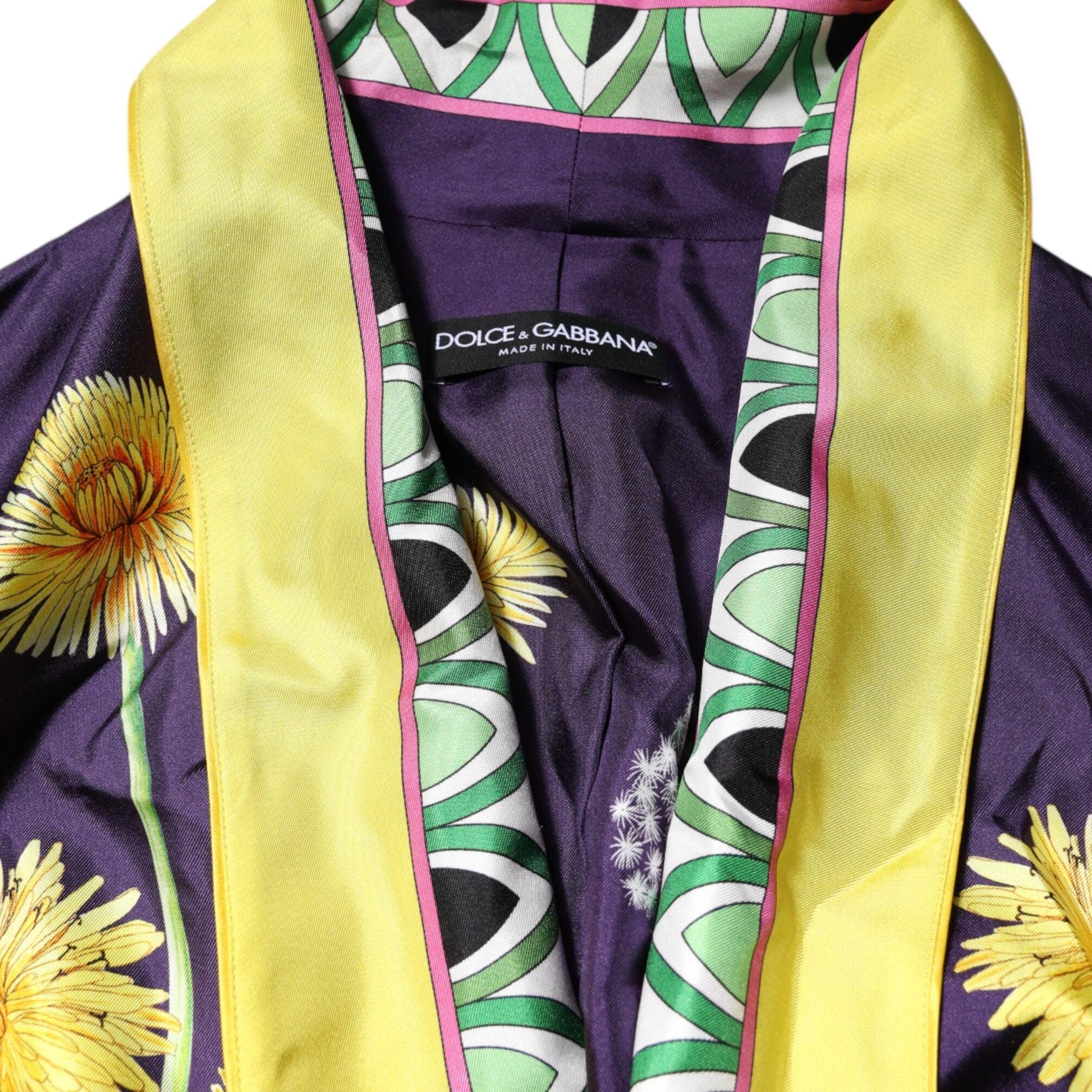 Dolce & Gabbana Blue Floral Print Silk Long Sleeves Wrap Robe