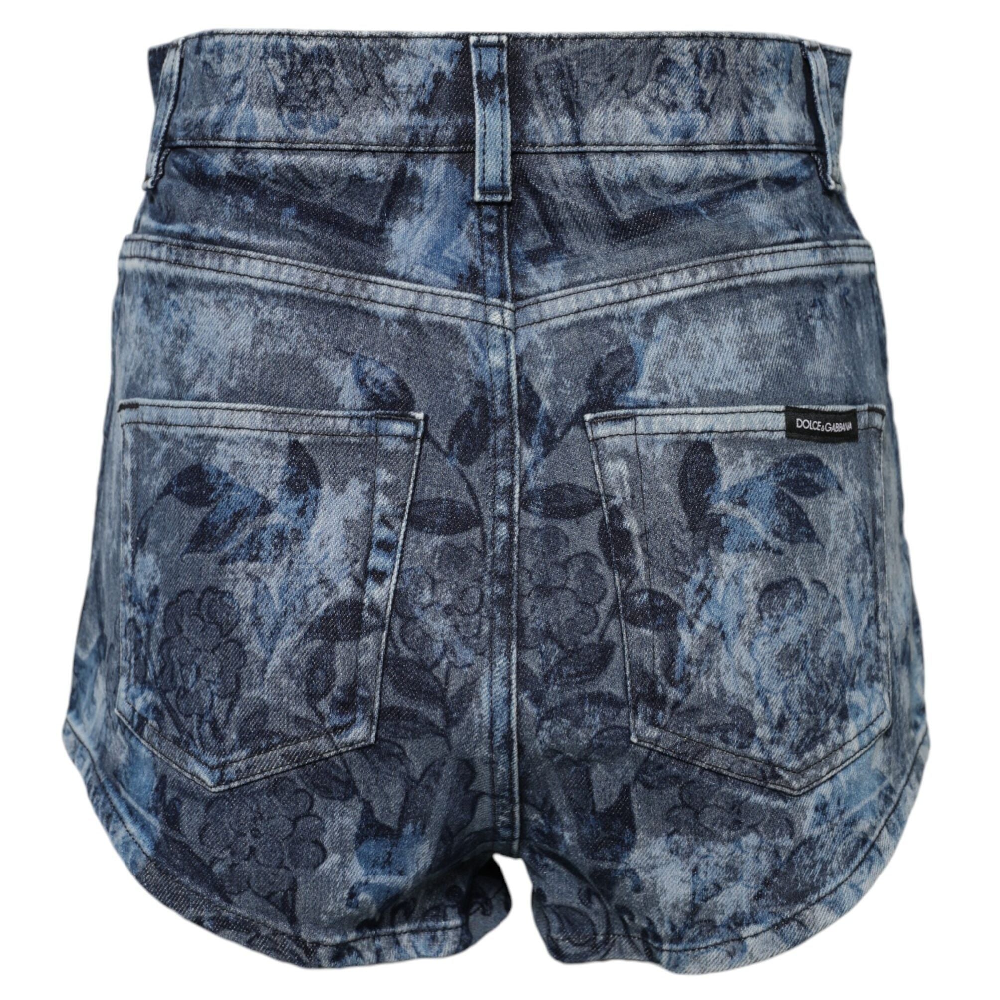 Dolce & Gabbana Blue Floral Print Denim Cotton Hot Pants Shorts