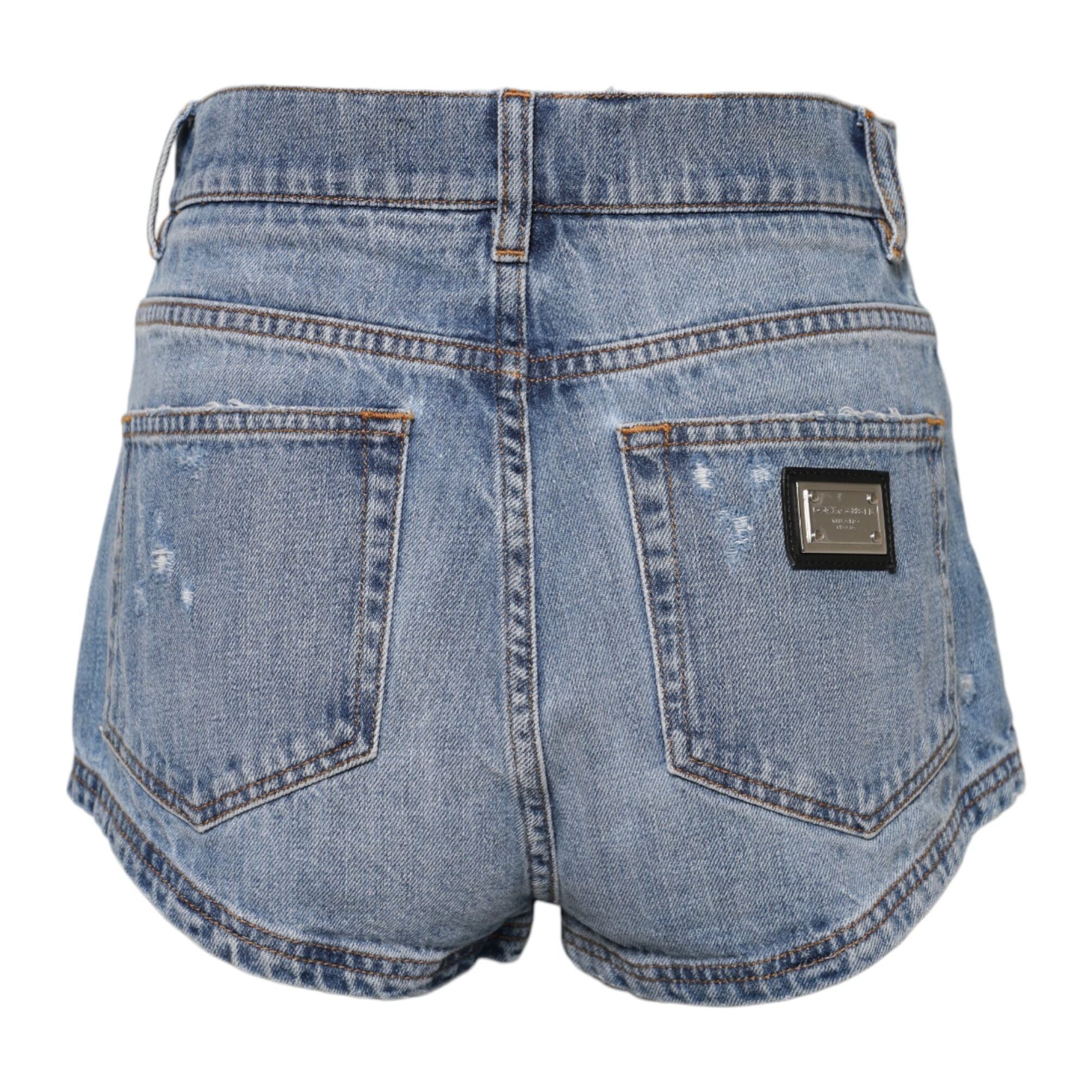 Dolce & Gabbana Blue Logo Plaque Denim Cotton Hot Pants Shorts