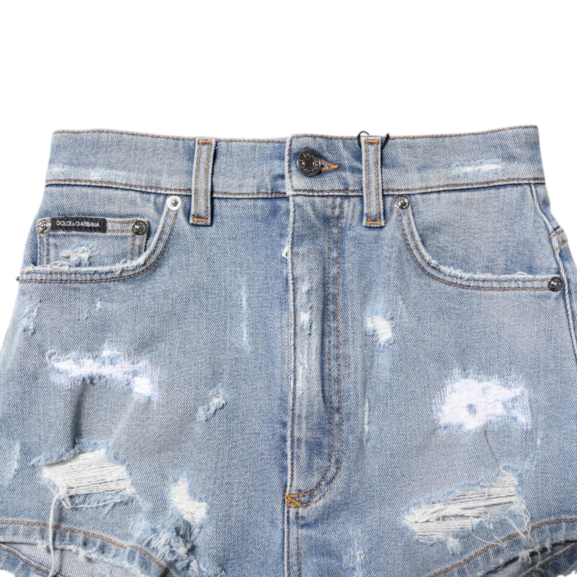 Dolce & Gabbana Blue Tattered Denim Cotton Hot Pants Shorts