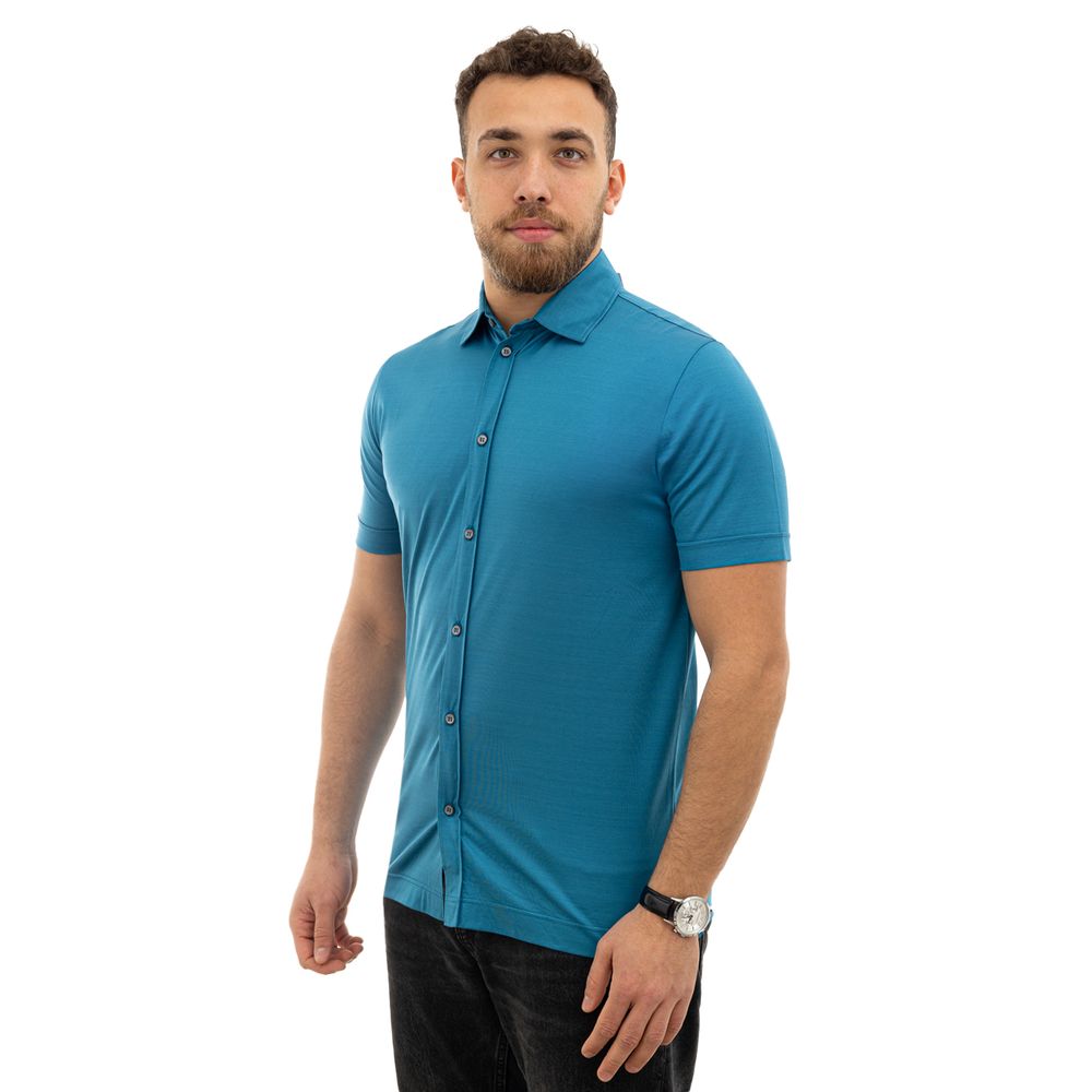 Canali Blue Cotton Shortsleeve Shirt