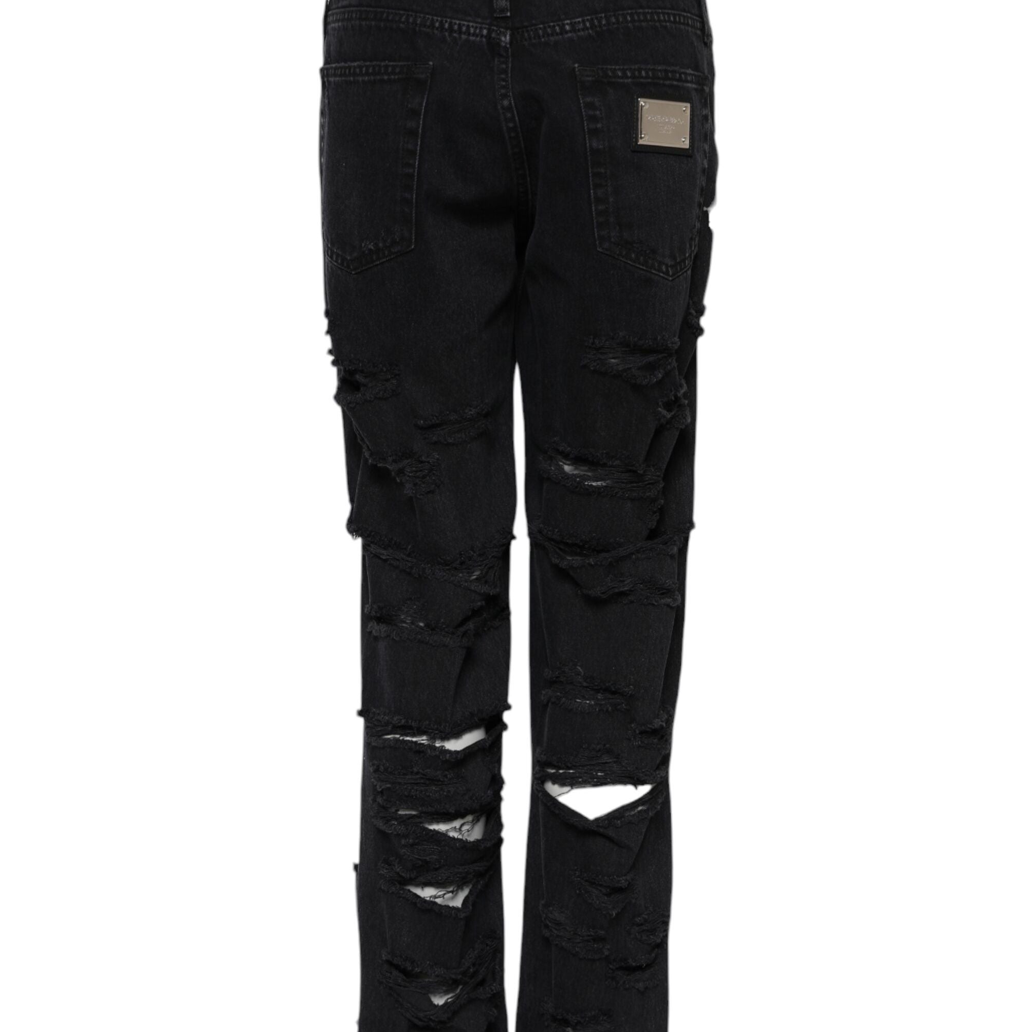 Dolce & Gabbana Black Cotton Tattered Mid Waist Denim Jeans