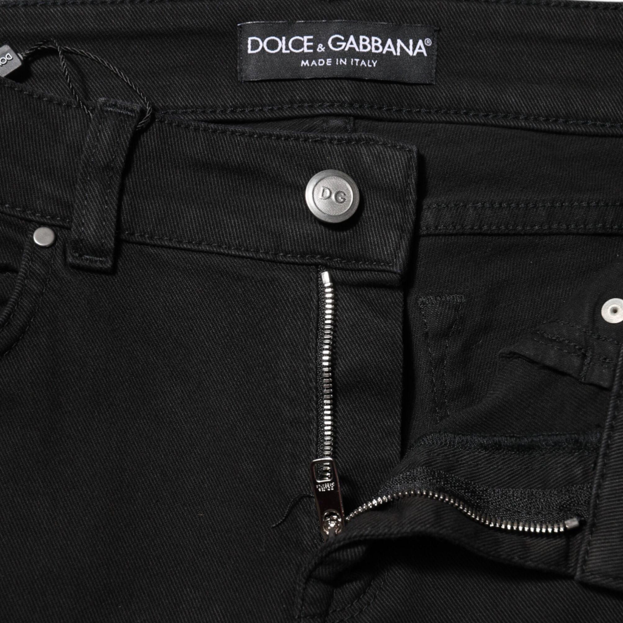 Dolce & Gabbana Black Cotton Logo Skinny Mid Waist Denim Jeans