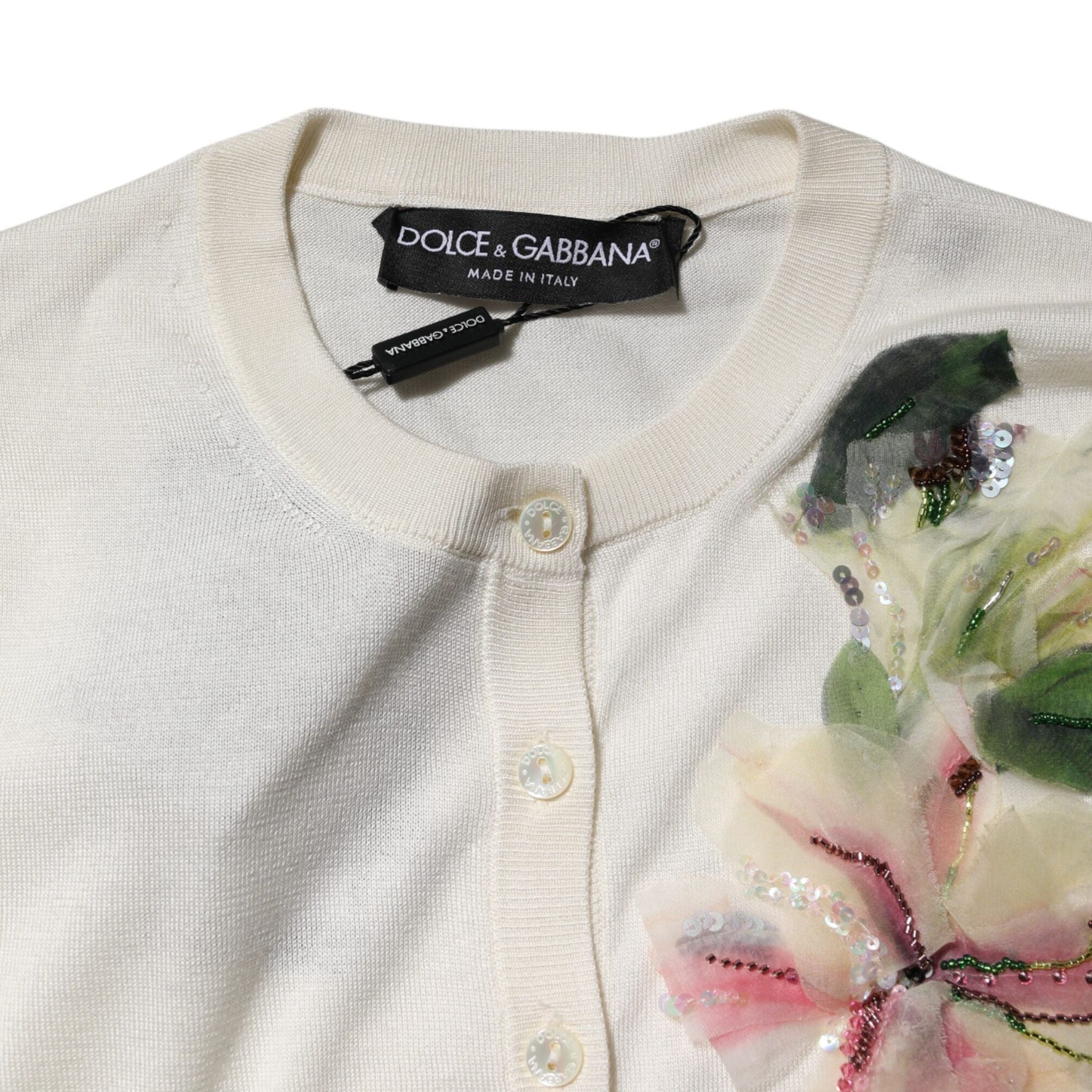 Dolce & Gabbana White Silk Lily Buttoned Cardigan Sweater