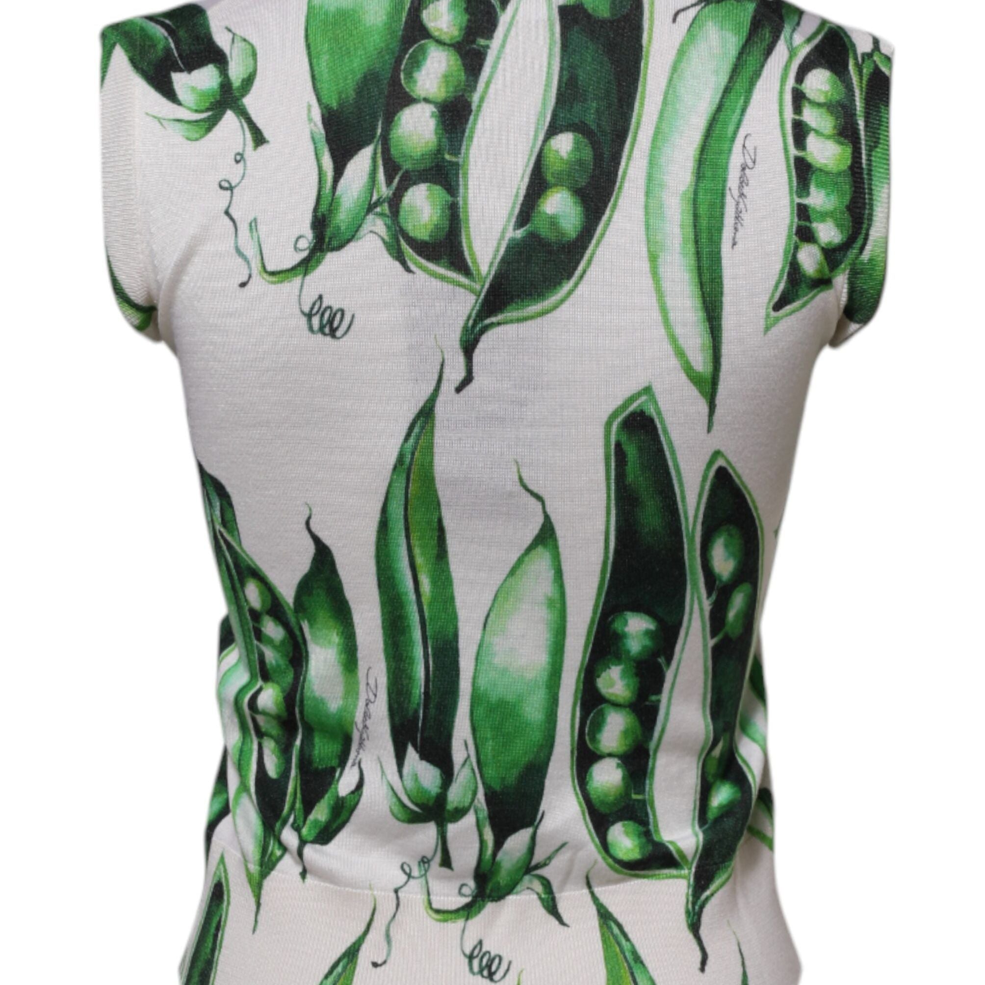 Dolce & Gabbana White Green Pea Print Sleeveless Blouse Top
