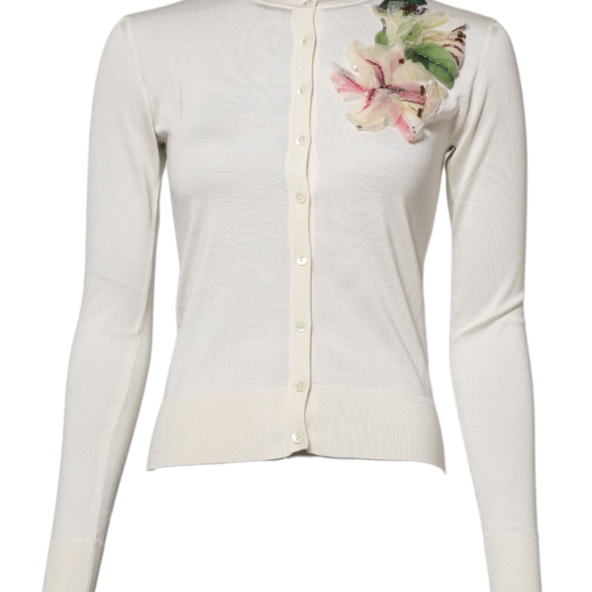 Dolce & Gabbana White Silk Lily Embellished Cardigan Sweater