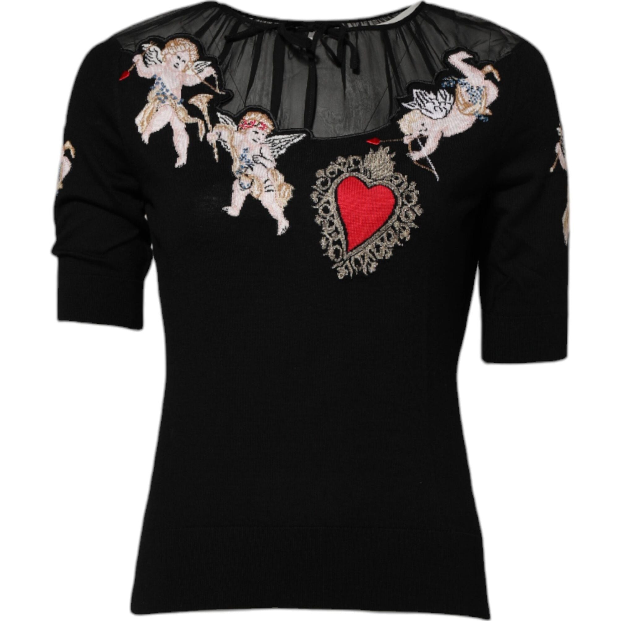 Dolce & Gabbana Black Sacred Heart Embroidered Crewneck Top