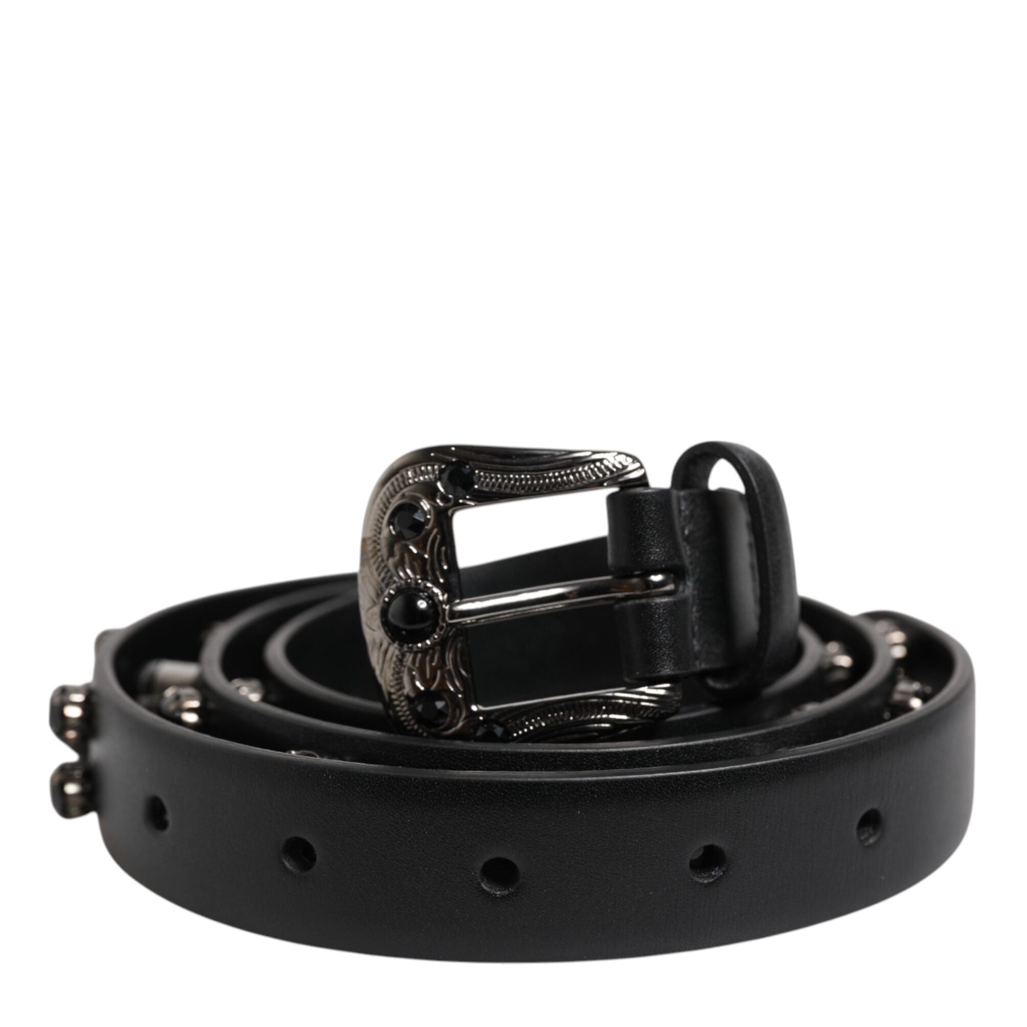 Dolce & Gabbana Black Studded Leather Metal Logo Buckle Belt