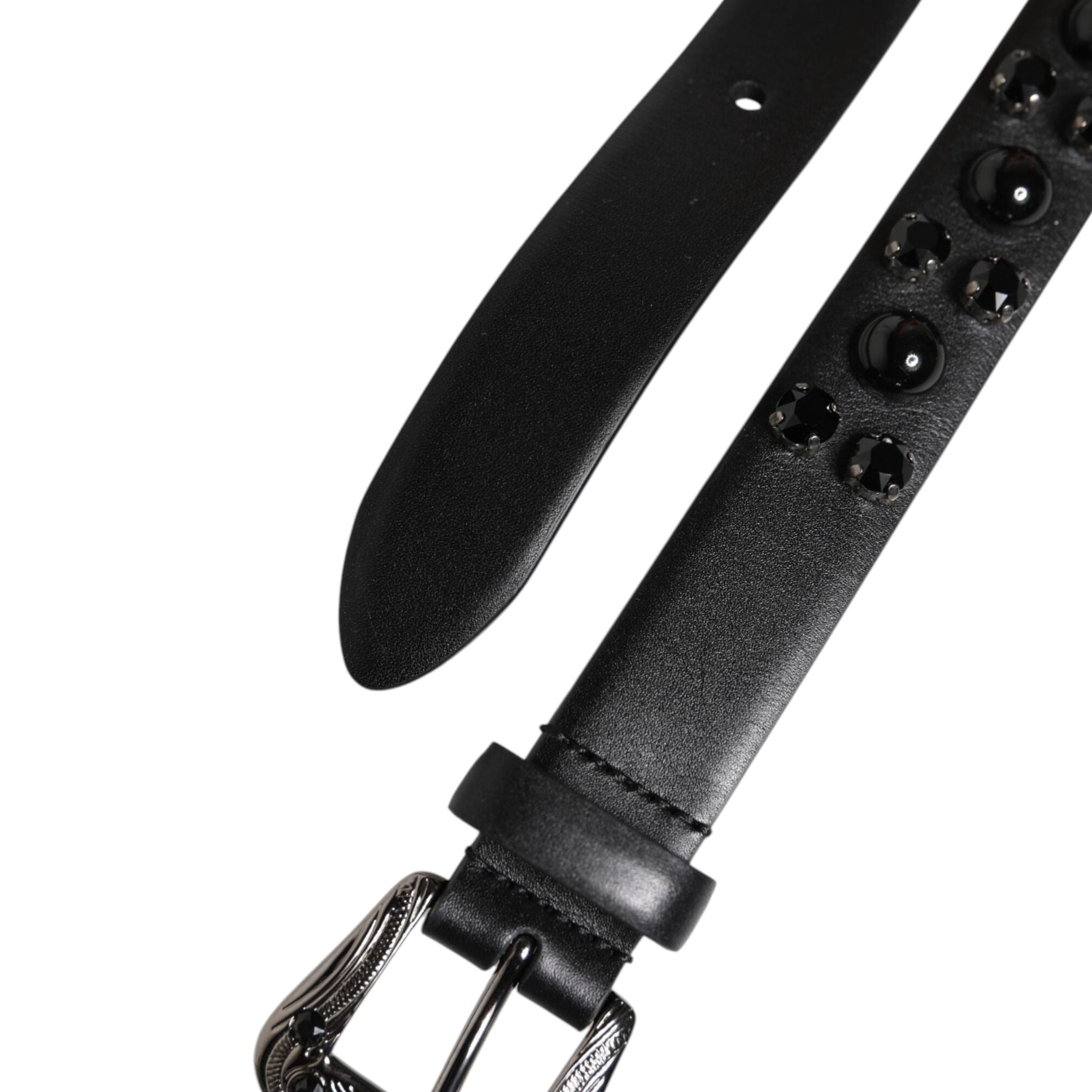 Dolce & Gabbana Black Studded Leather Metal Logo Buckle Belt