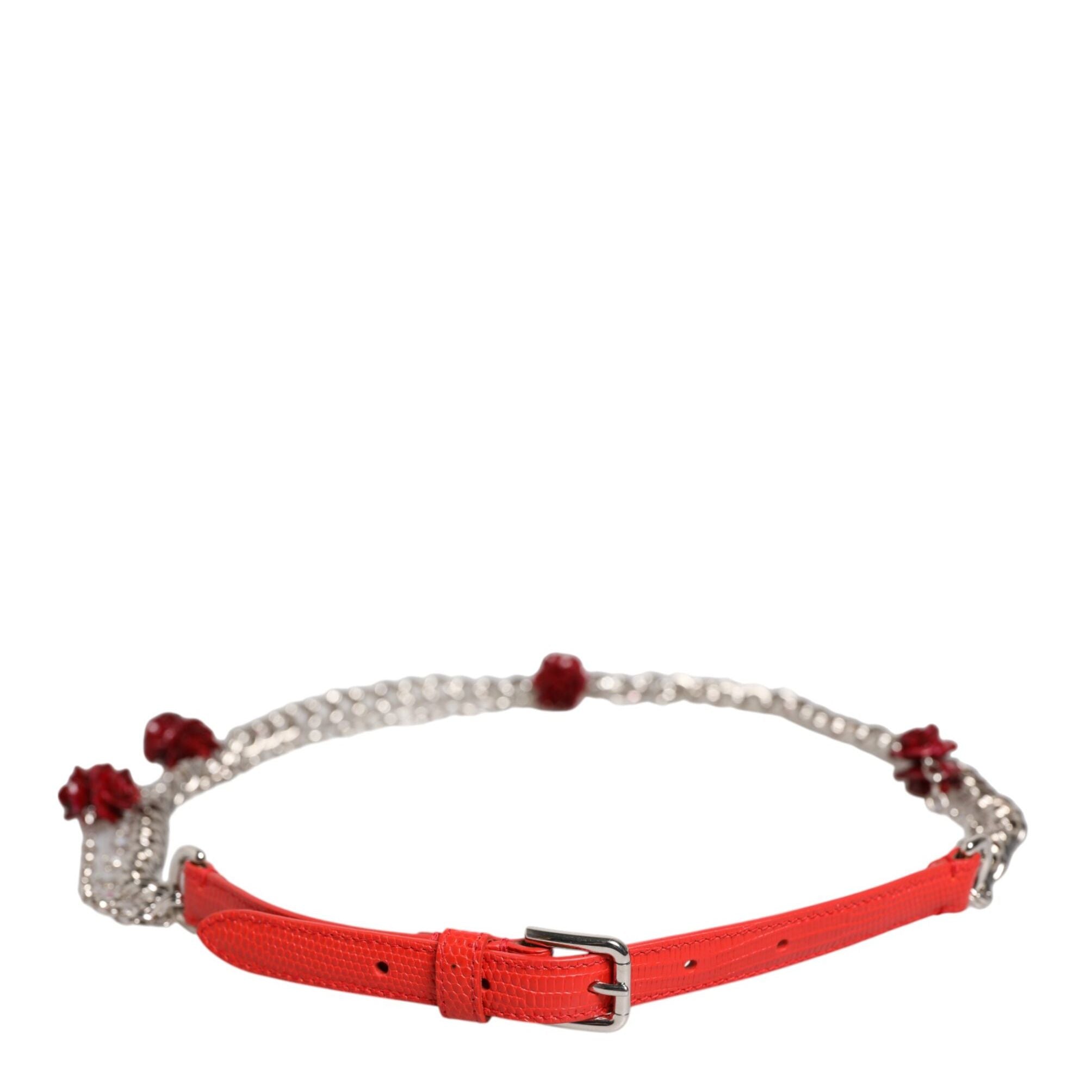 Dolce & Gabbana Red Leather Silver Chain Floral Cintura Belt
