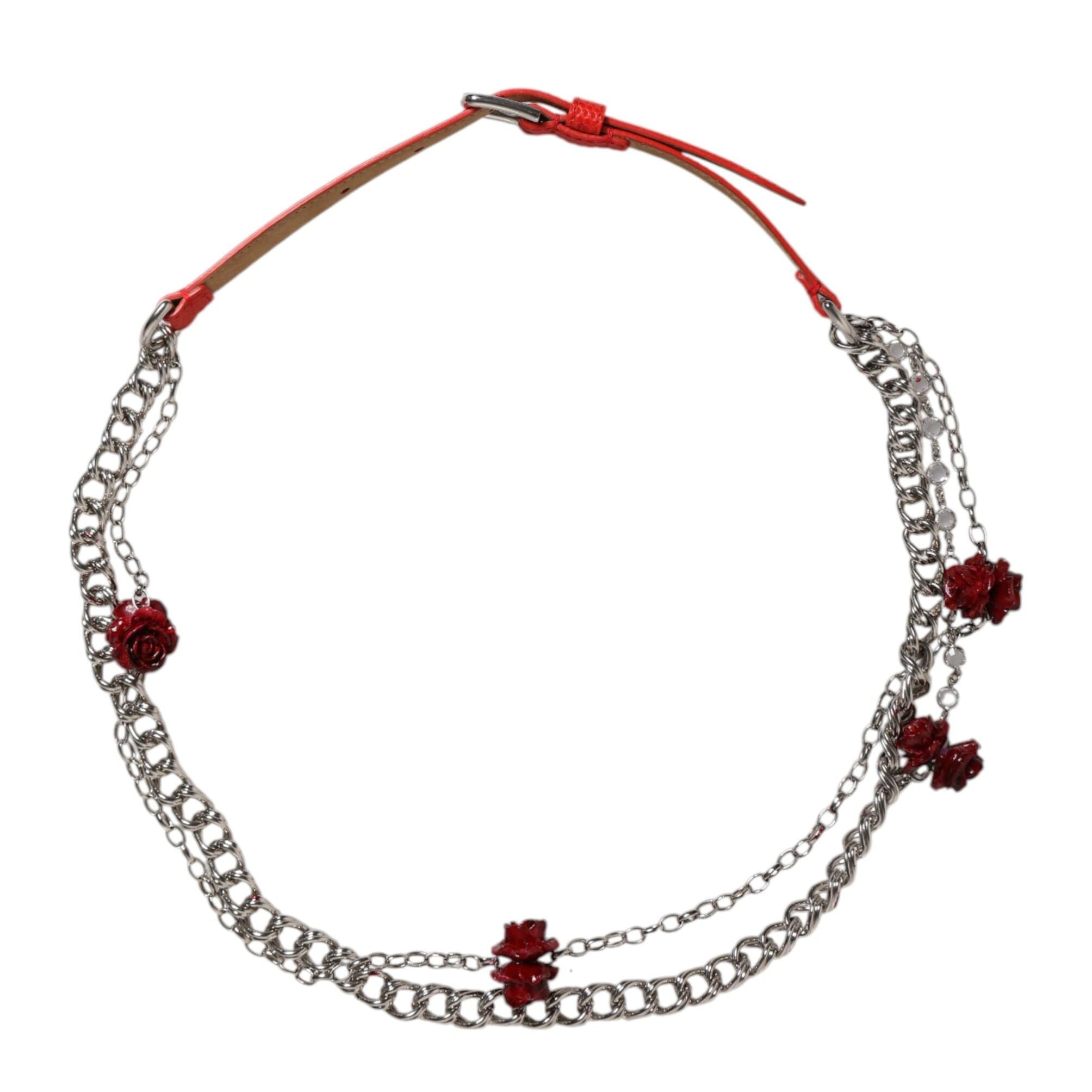 Dolce & Gabbana Red Leather Silver Chain Floral Cintura Belt
