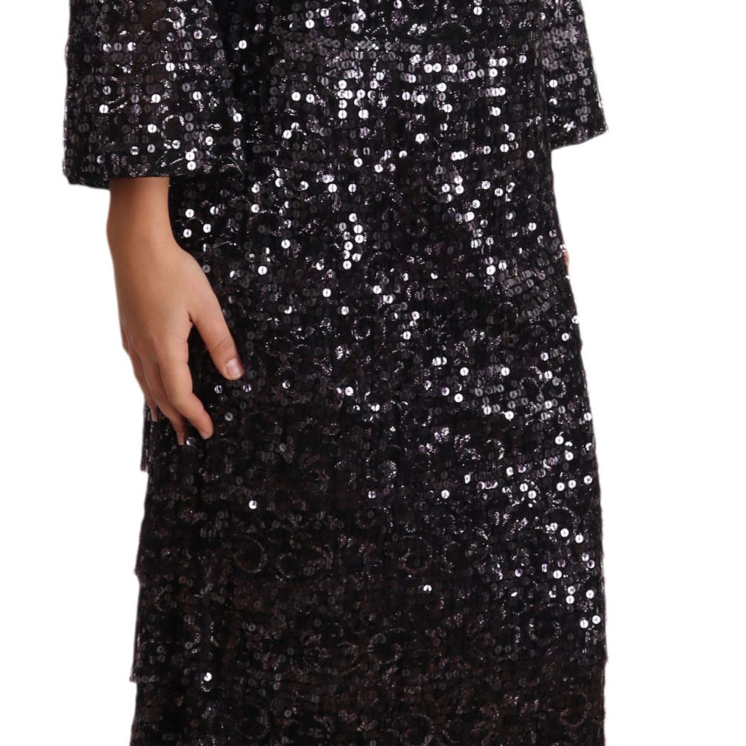 Dolce & Gabbana Black Sequined Long Sleeve Shift Midi Dress