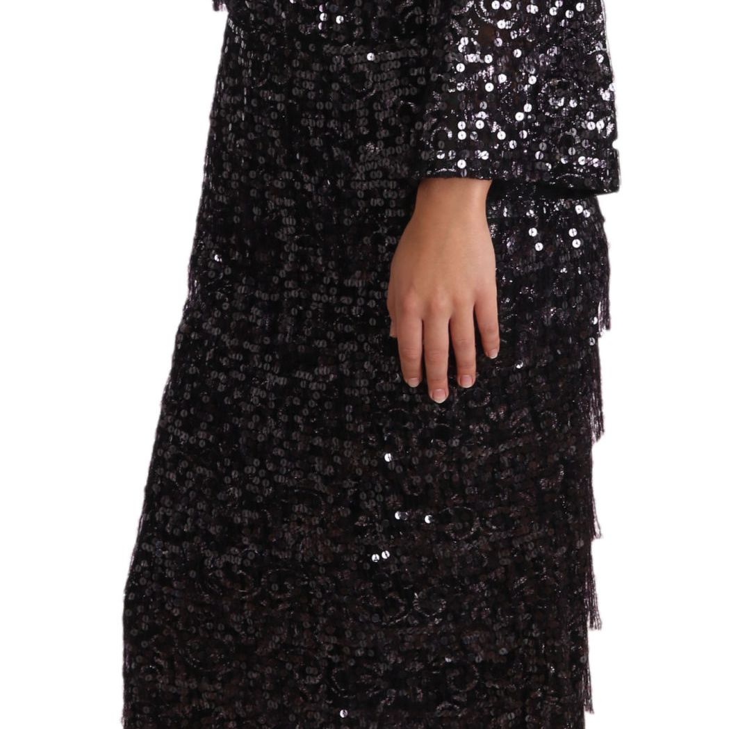 Dolce & Gabbana Black Sequined Long Sleeve Shift Midi Dress