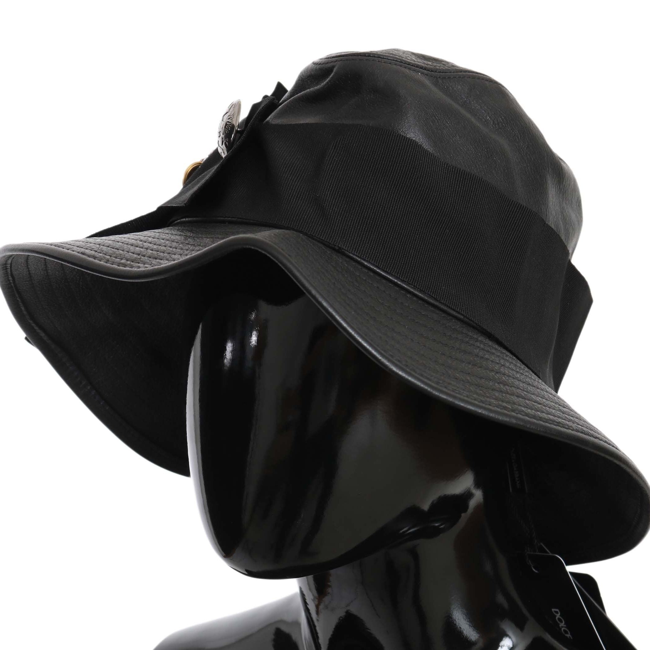 Dolce & Gabbana Black Leather DG Coin Crystal Wide Brim Hat