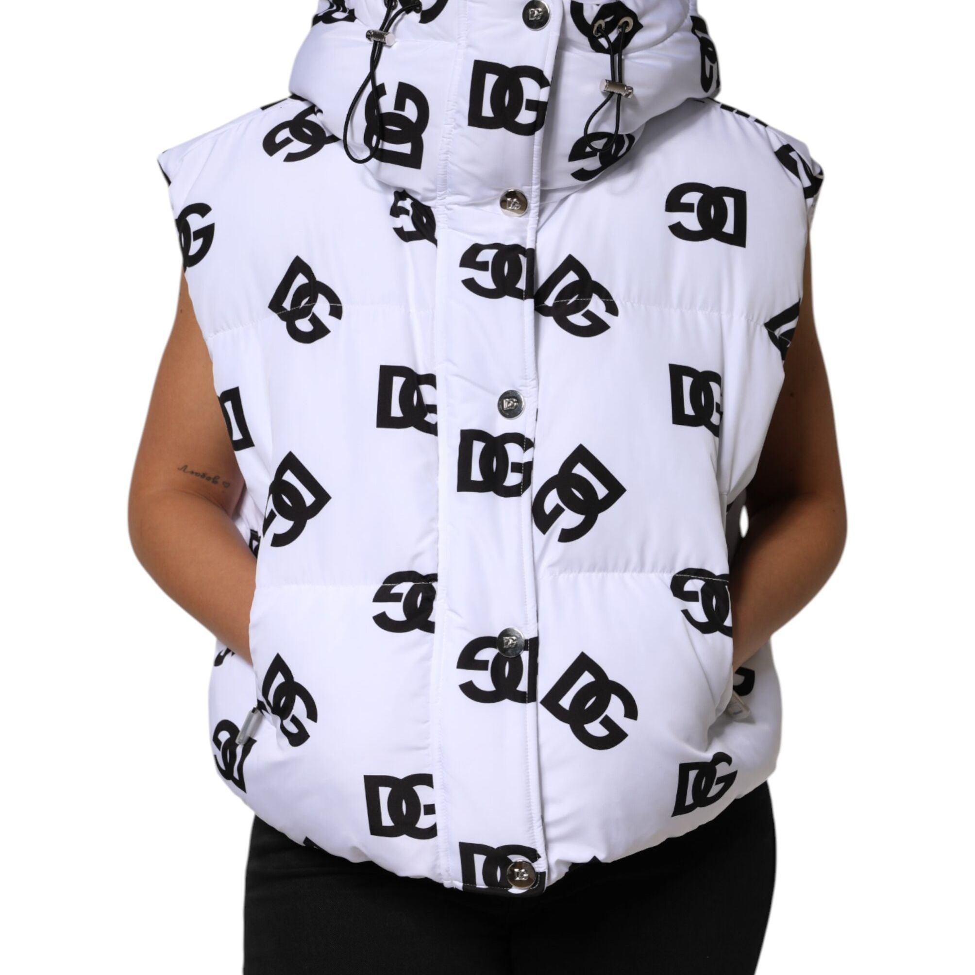 Dolce & Gabbana White Black DG Mania Polyester Puffer Jacket