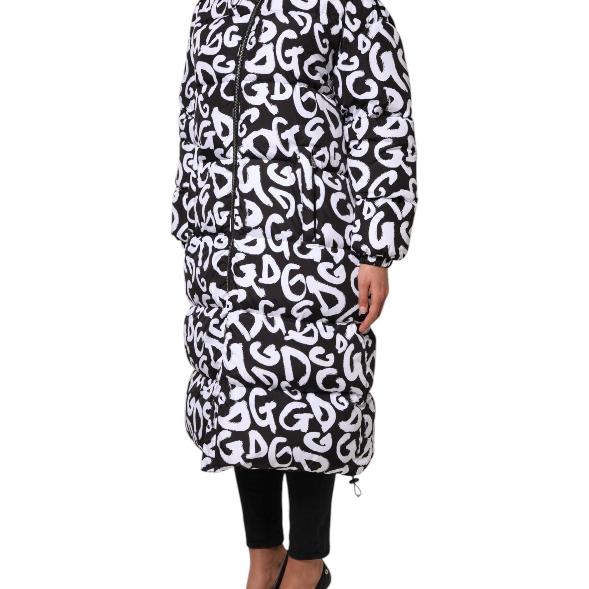 Dolce & Gabbana Black White DG Mania Hooded Long Coat Jacket