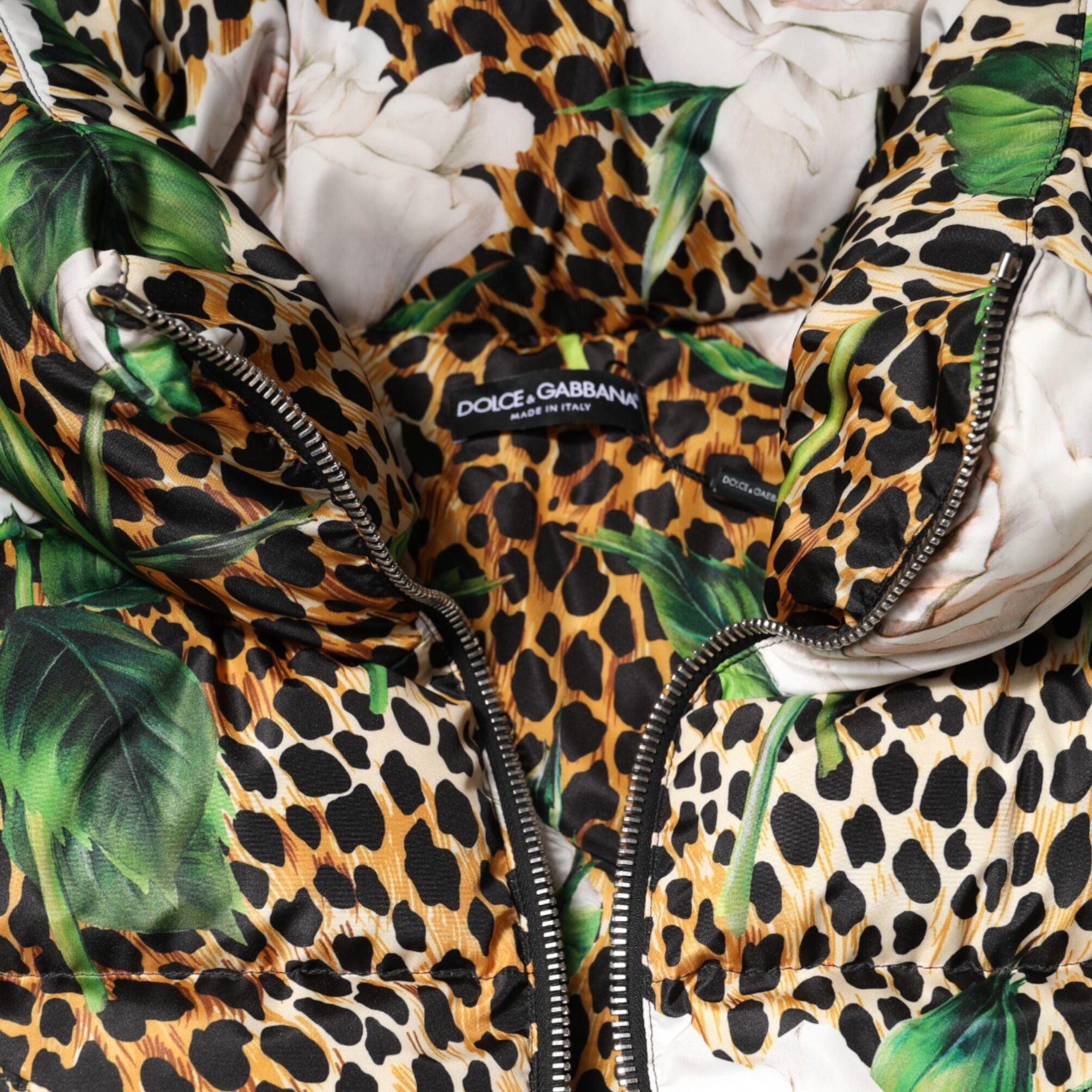 Dolce & Gabbana Multicolor Leopard Rose Puffer Quilted Jacket