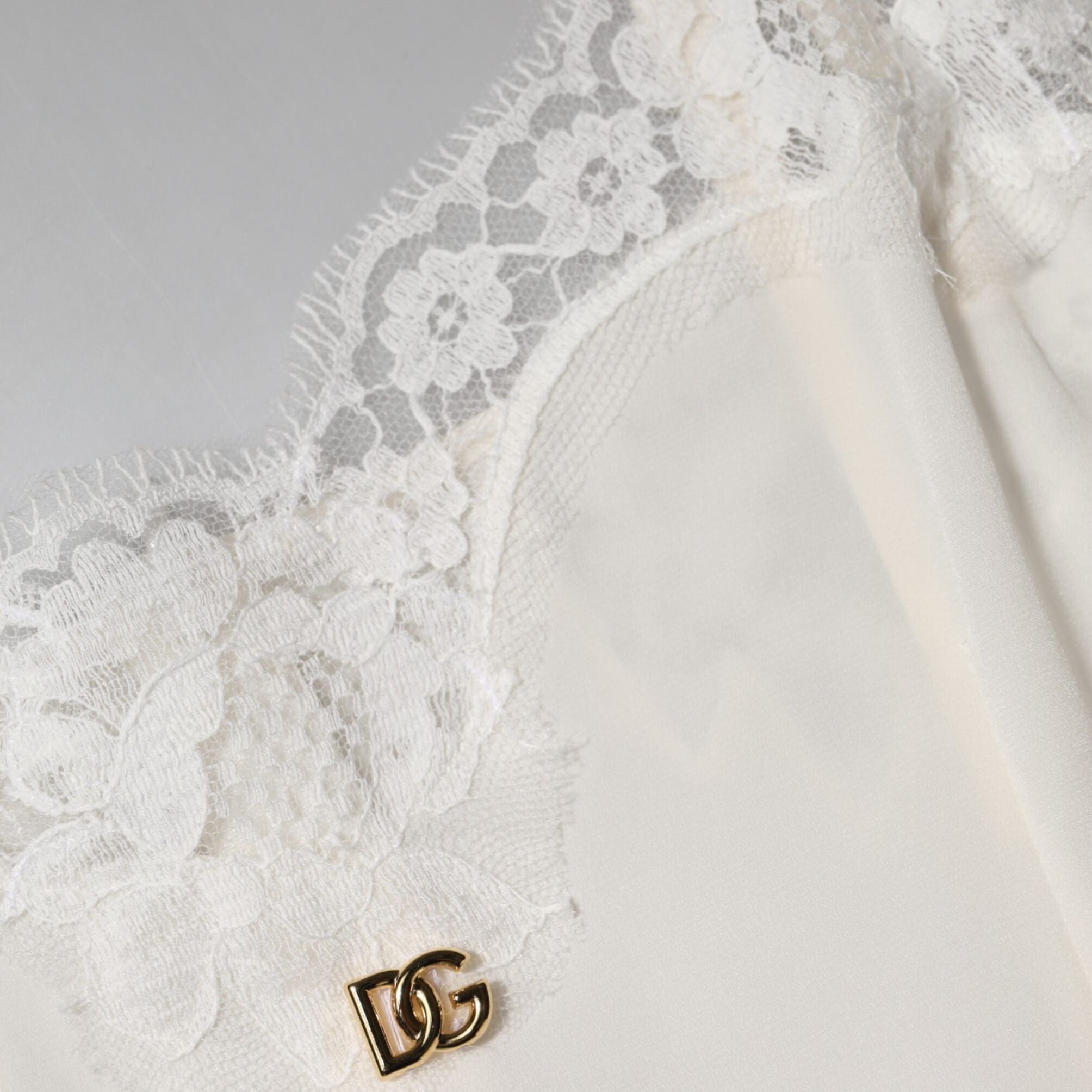Dolce & Gabbana White Lace Gold DG Logo Silk Dress Sleepwear