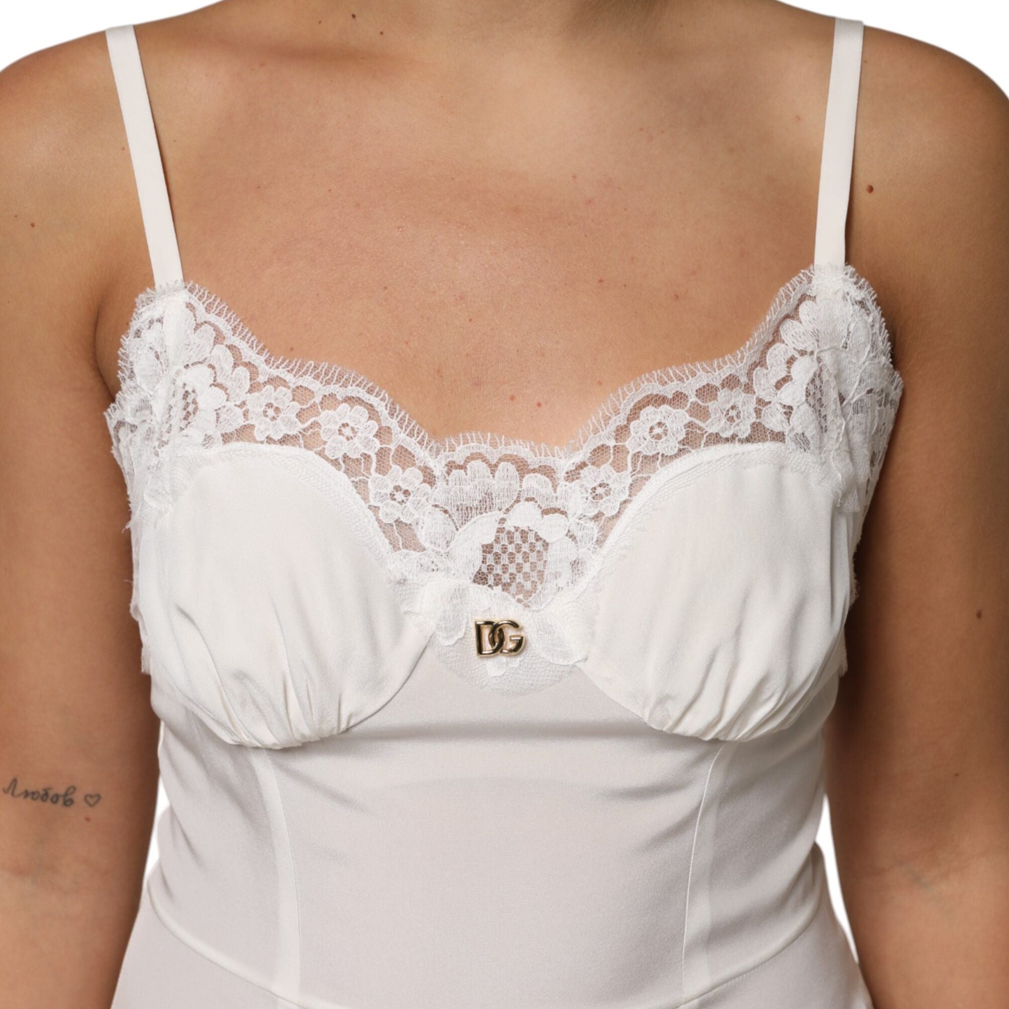 Dolce & Gabbana White Lace DG Logo Silk Dress Sleepwear