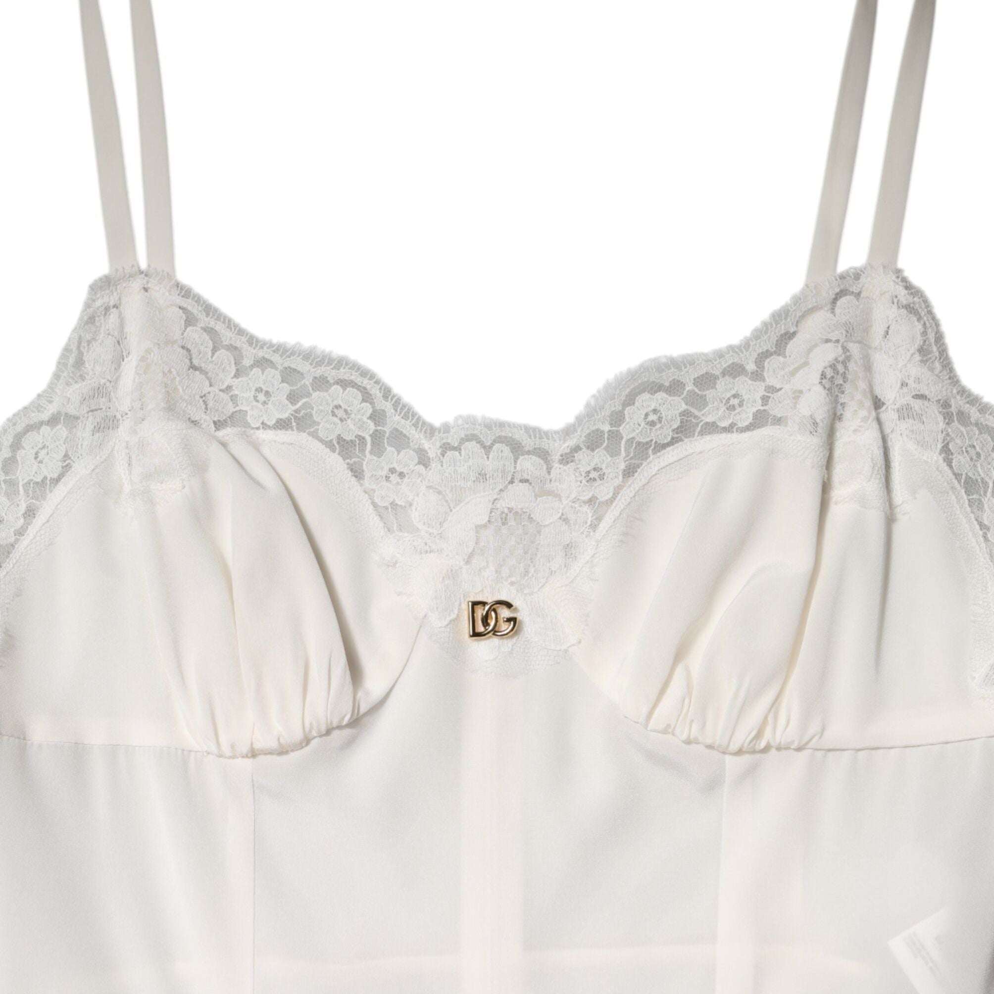 Dolce & Gabbana White Lace DG Logo Silk Dress Sleepwear