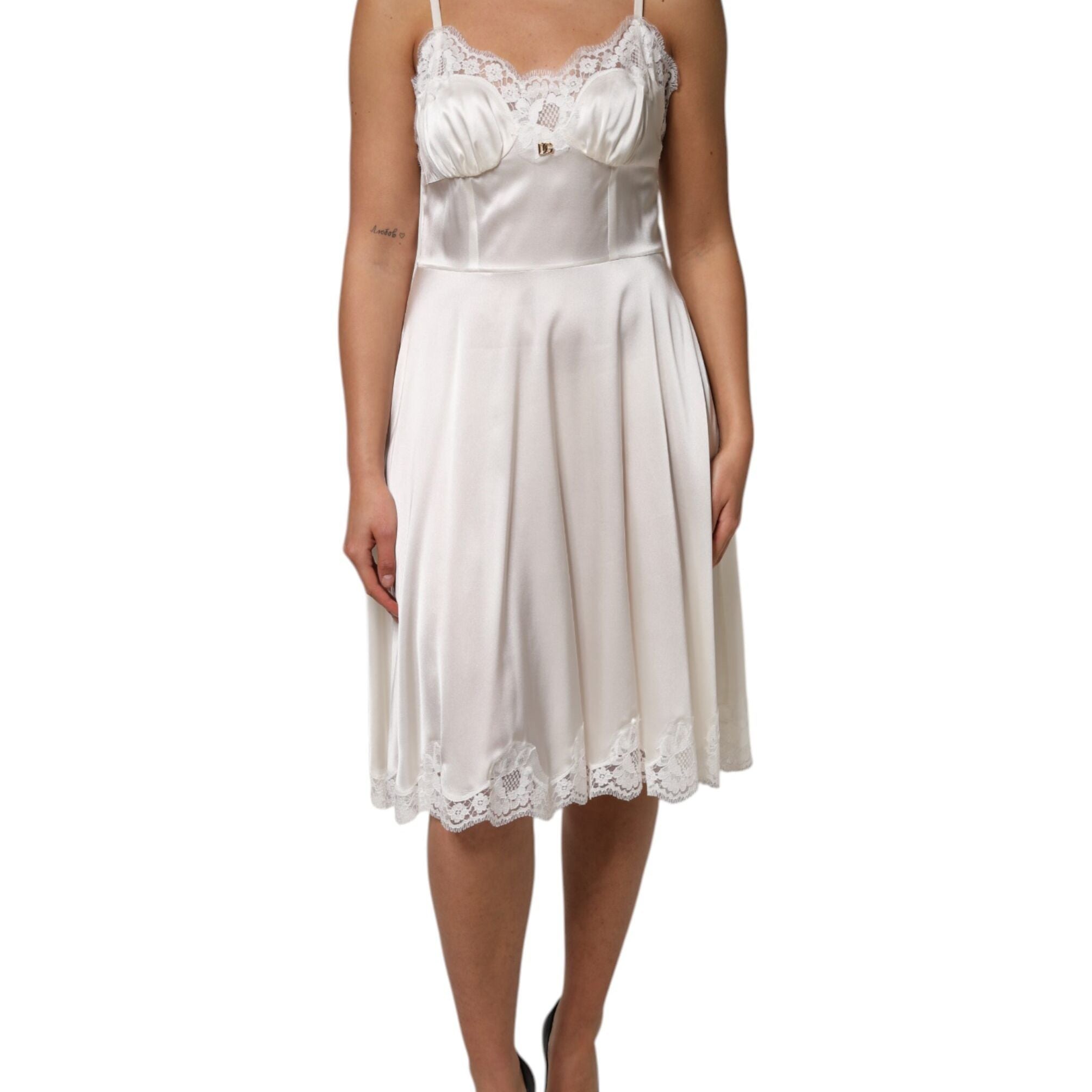 Dolce & Gabbana White Lace DG Logo Silk Dress Sleepwear