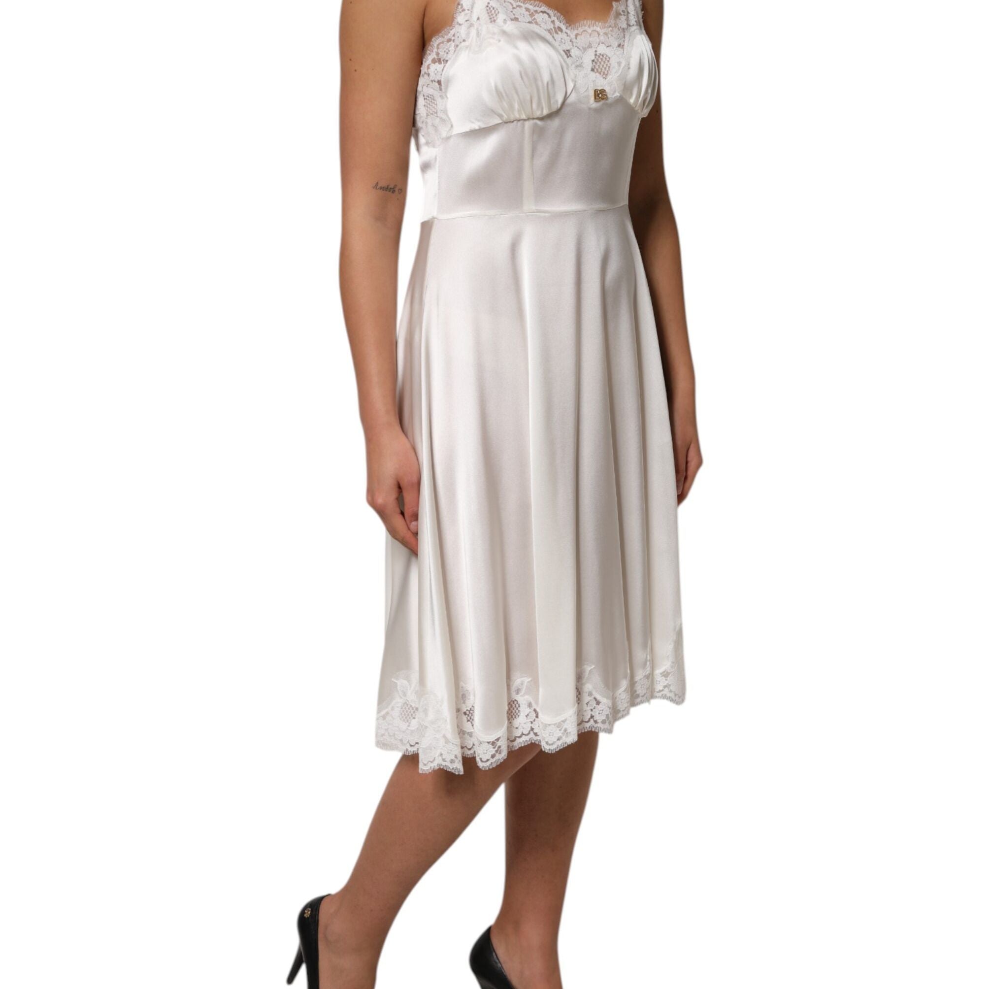 Dolce & Gabbana White Lace DG Logo Silk Dress Sleepwear