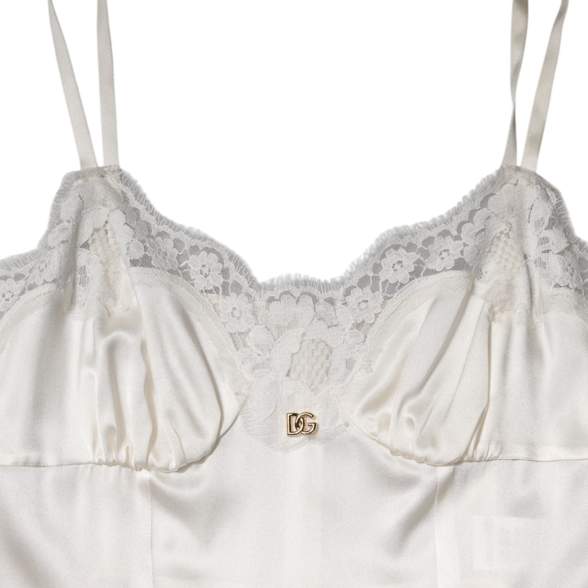 Dolce & Gabbana White Lace DG Logo Silk Dress Sleepwear