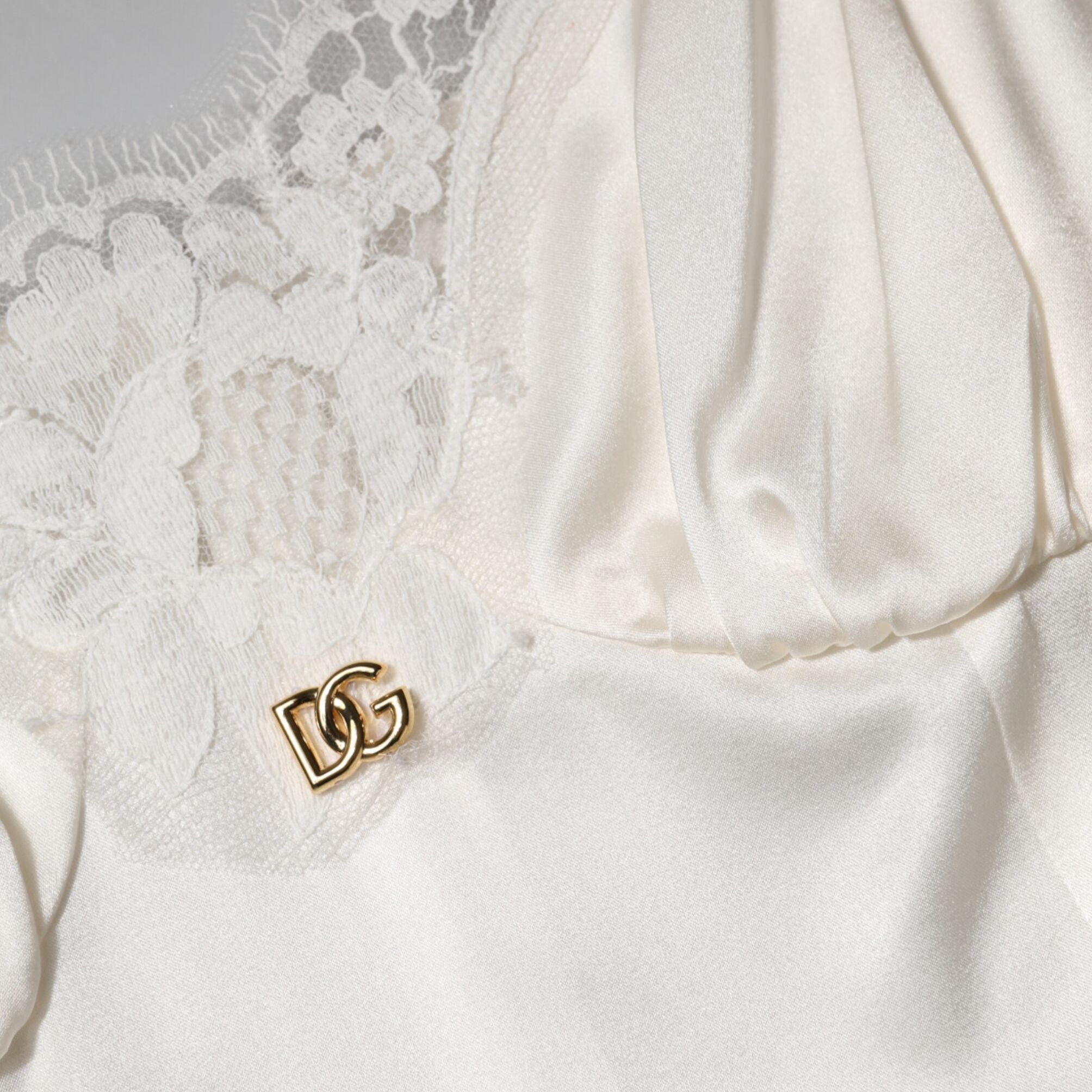 Dolce & Gabbana White Lace DG Logo Silk Dress Sleepwear