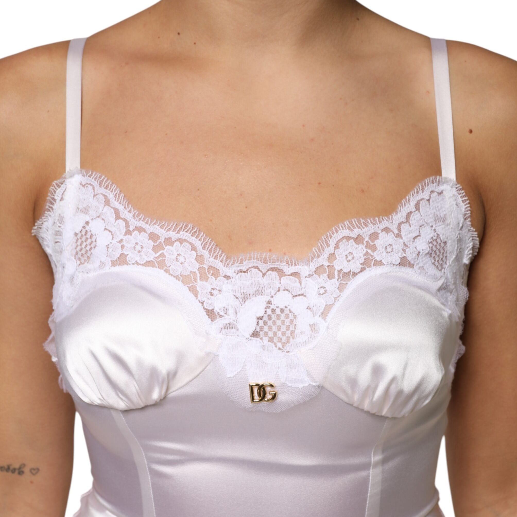 Dolce & Gabbana White Lace Gold DG Logo Silk Dress Sleepwear