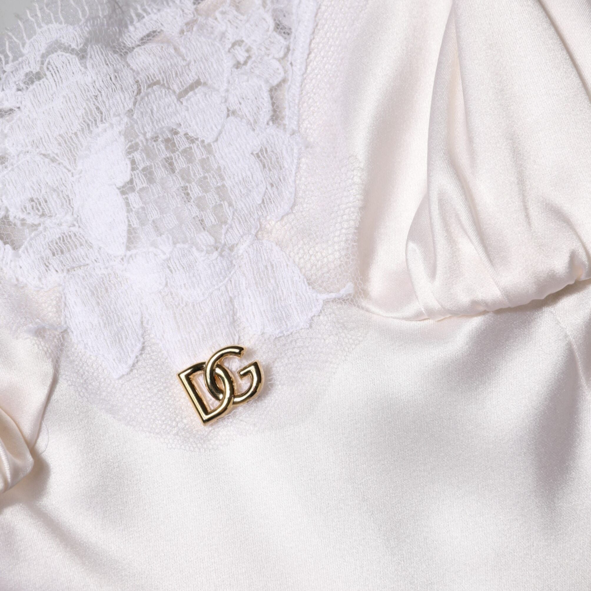 Dolce & Gabbana White Lace Gold DG Logo Silk Dress Sleepwear