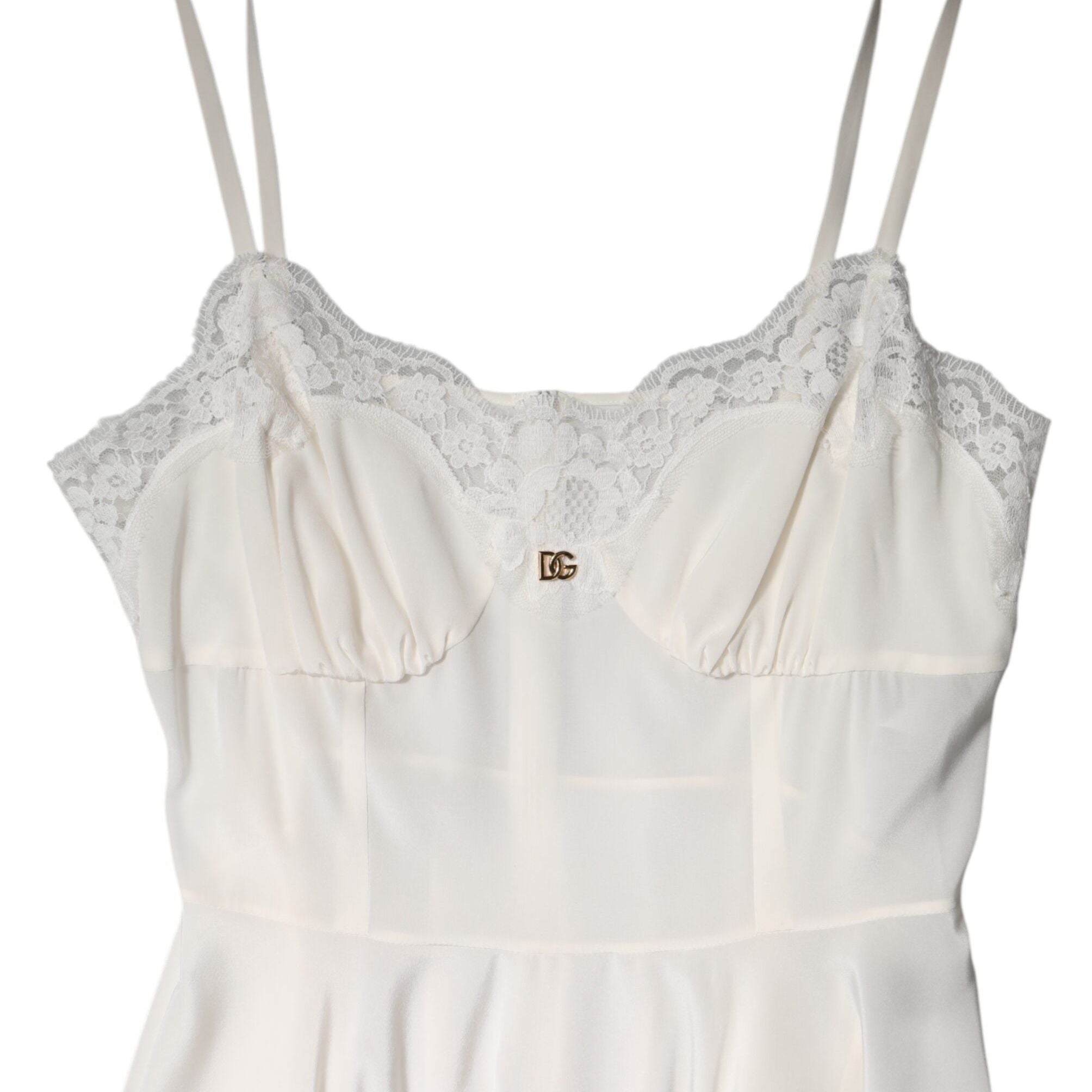 Dolce & Gabbana White Lace Gold DG Logo Silk Dress Sleepwear
