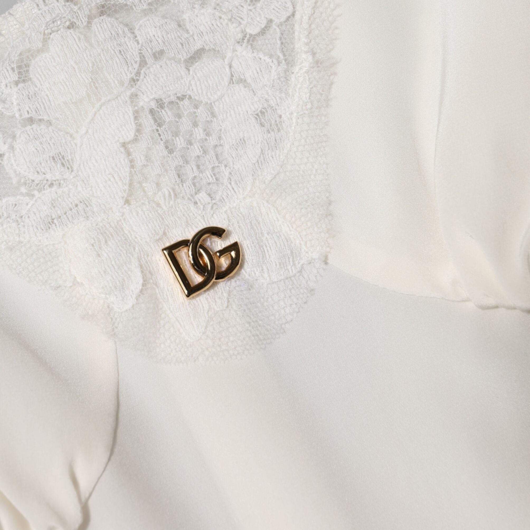 Dolce & Gabbana White Lace Gold DG Logo Silk Dress Sleepwear