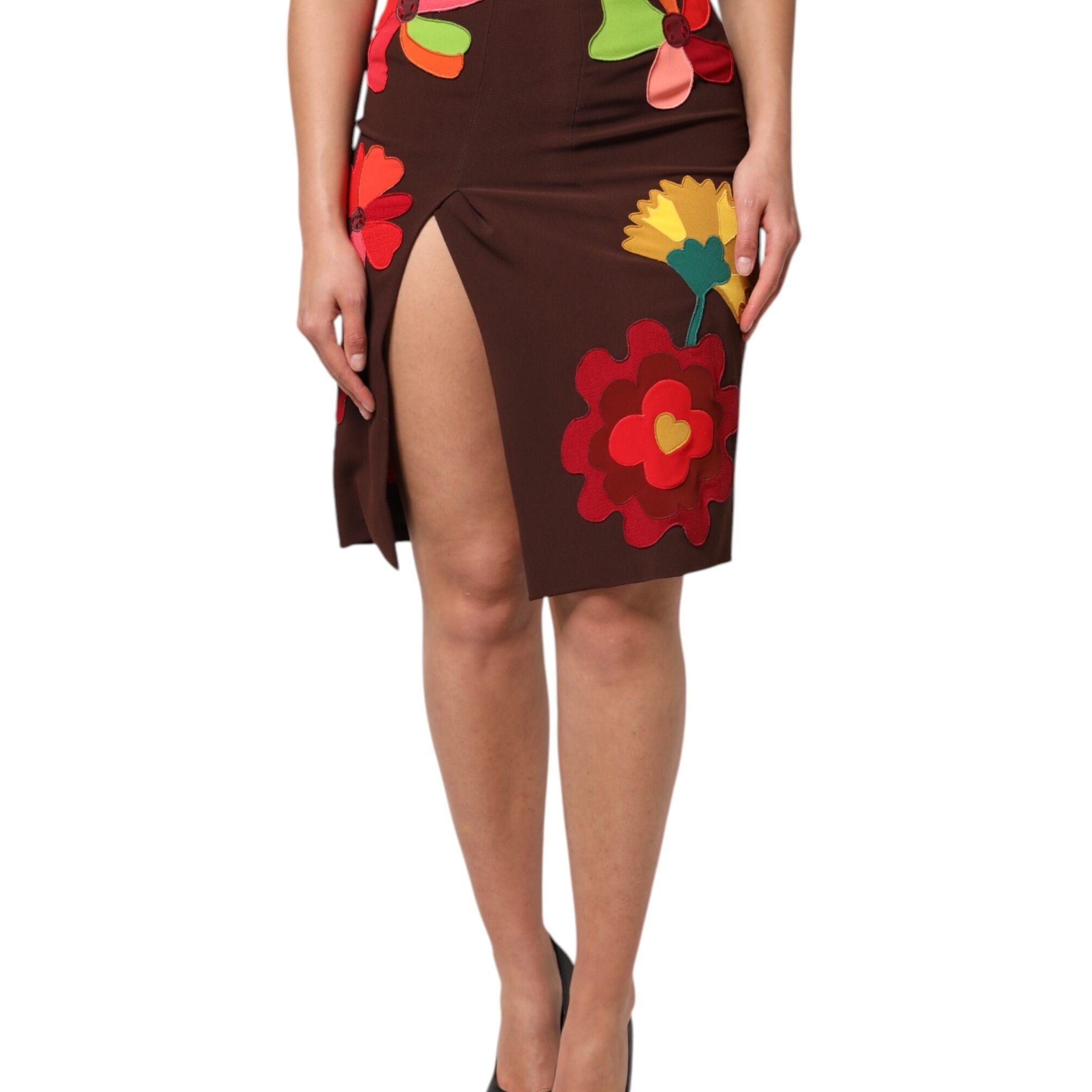 Dolce & Gabbana Brown Floral High Waist Side Slit Skirt