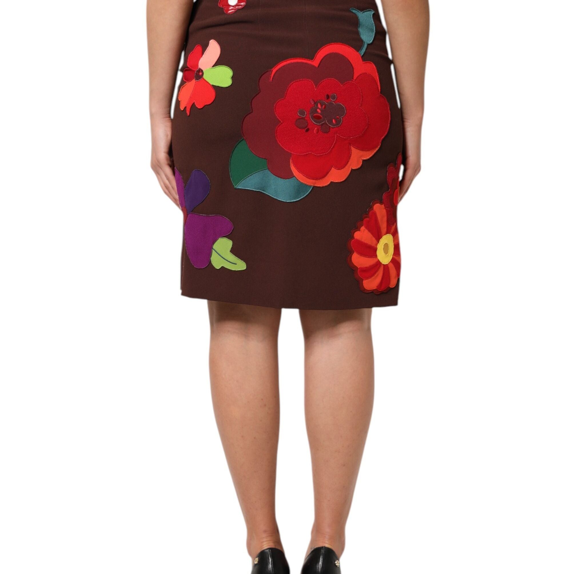 Dolce & Gabbana Brown Floral High Waist Side Slit Skirt